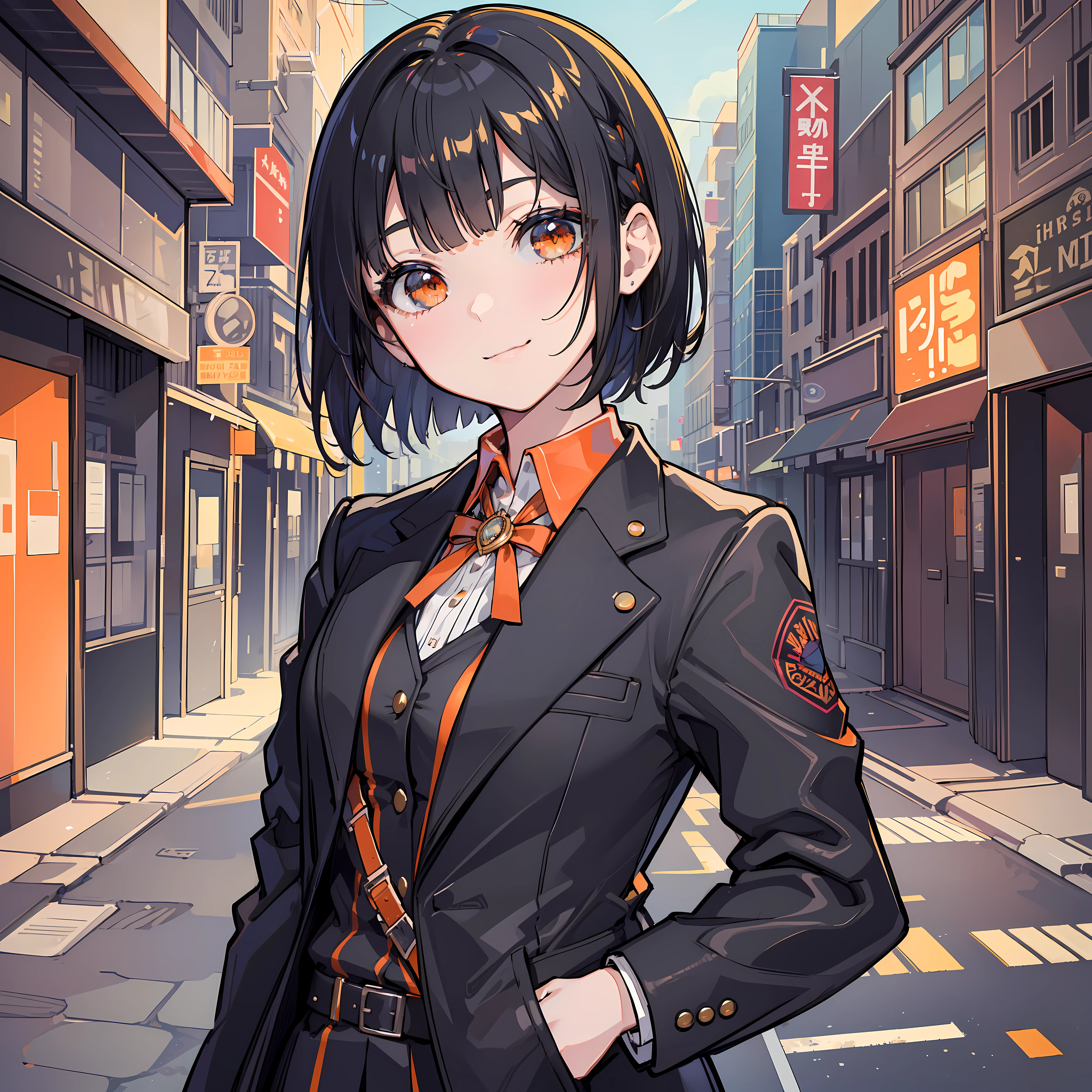 Masterpiece, best quality, high-res, close-up, upper body, 1girl, solo, standing, head tilt, mouth closed, smile, black hair, bob cut, short hair, small breasts, jacket, black jacket, suit jacket, orange eyes, detailed eyes, hair braid, looking at viewer