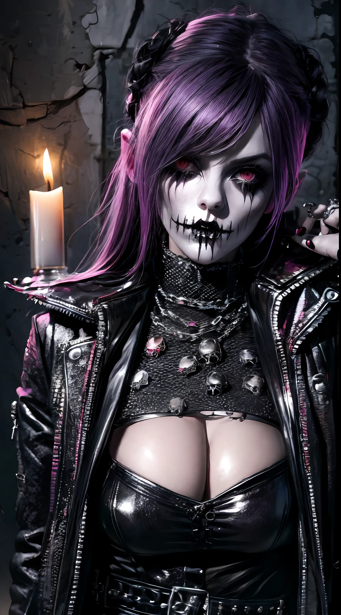1Punk and goth girl with goth outfit,sexy,skulls and lit candles around and in the background