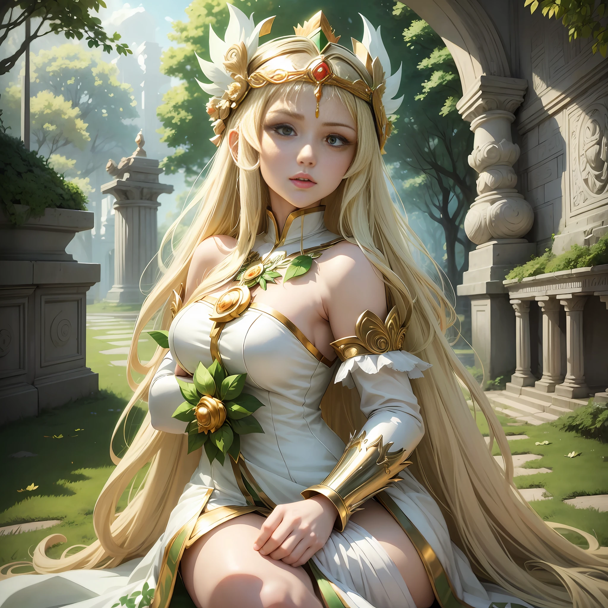 anime girl in a white dress with long blonde hair and a green and white dress, anime goddess, palutena, the goddess artemis smirking, lady palutena, portrait knights of zodiac girl, official art, ((a beautiful fantasy empress)), the godess hera looking angry, blonde anime girl with long hair, ancient goddess, anime visual of a cute girl --auto --s2