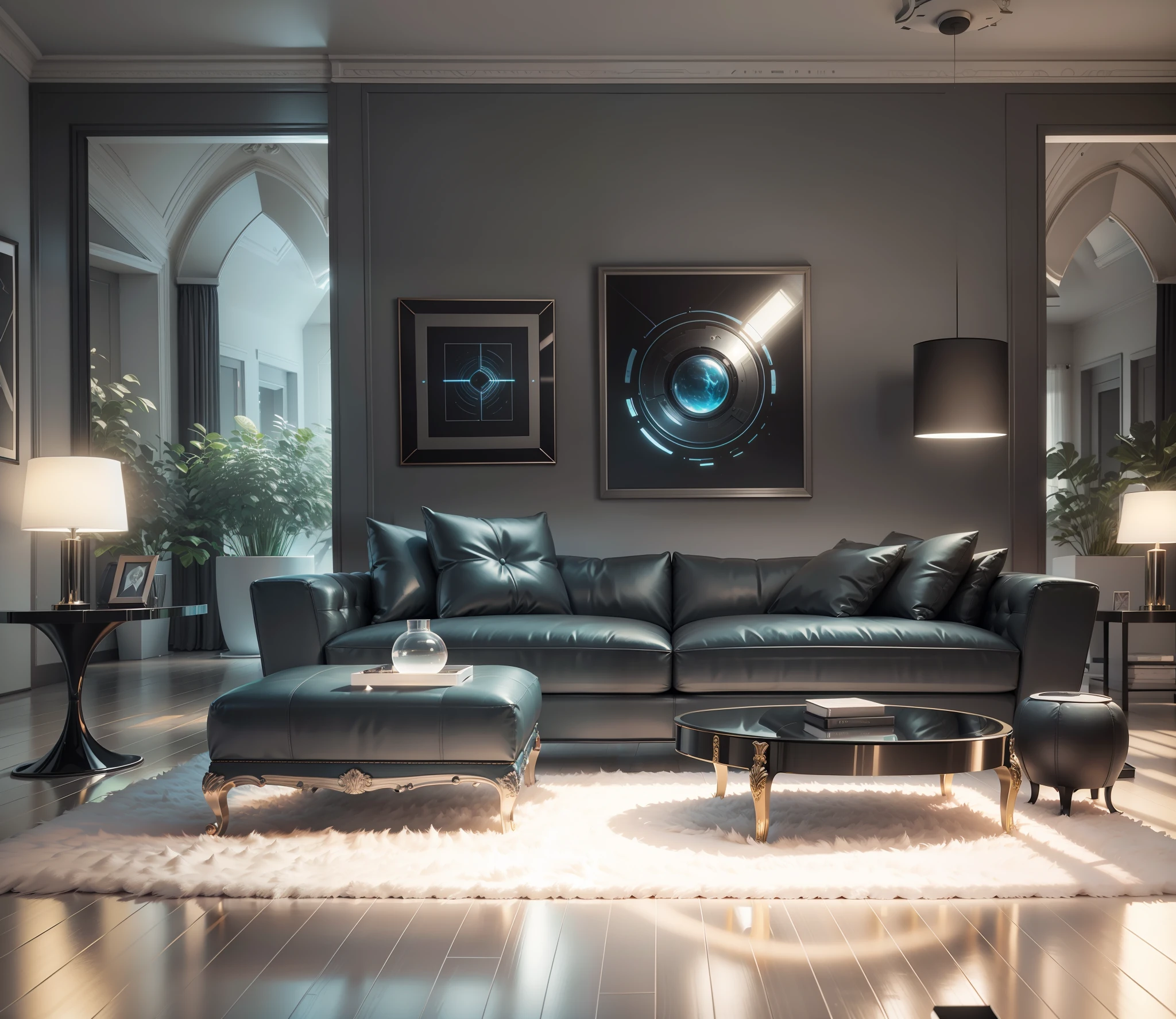 a beautiful room, front view, futuristic furniture, decorative photography style, minimalist, hyper realistic, hyper detailed, high definition, hd, 3d, best quality, best rendering, centered, well framed