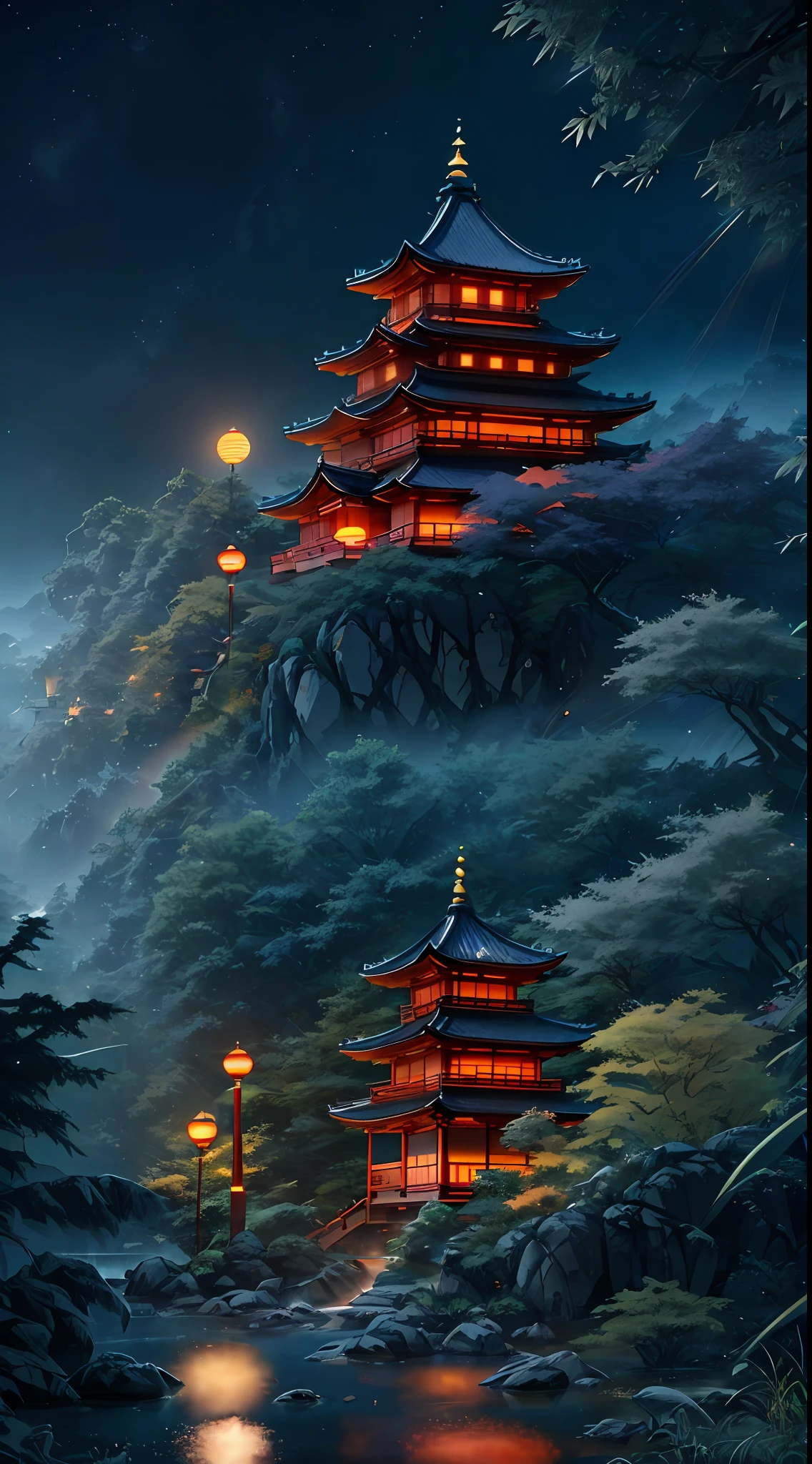 ((diffuse colors)), (( Top view, high angle view, Focal point composition)), Ancient Chinese architecture, cool colors, dark night, moon, garden, bamboo, lake, stone bridge, rockery, arch, corner, tree, running water, landscape, outdoor, waterfall, grass, rock, intense rainfall, thunderstorm, vines all around, giant and wet trees, with glowing leaves in the trees, glowing fireflies and glowing particle effects, a japanese castle at the top of a mountain, masterpiece, best quality, high quality, extremely detailed CG unity 8k wallpaper, oil paiting, award winning photography, Bokeh, Depth of Field, HDR, bloom, ,Photorealistic,extremely detailed, trending on artstation, trending on CGsociety, Intricate, High Detail, dramatic, art by midjourney, volumetric lighting