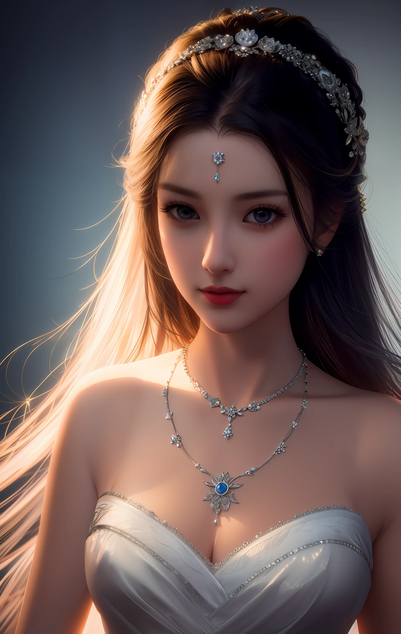 Best Quality, Masterpiece, High Resolution, 1girl, Porcelain Dress, Hair Accessories, Necklace, Jewelry, Beautiful Face, Physically, Tyndall Effect, Realistic, Dark Studio, Rim Lighting, Duotone Lighting, (High Detail Skin : 1.2), 8k uhd, dslr, soft light, high quality, volume light, candid, photo, high resolution, 4k, 8k, bokeh