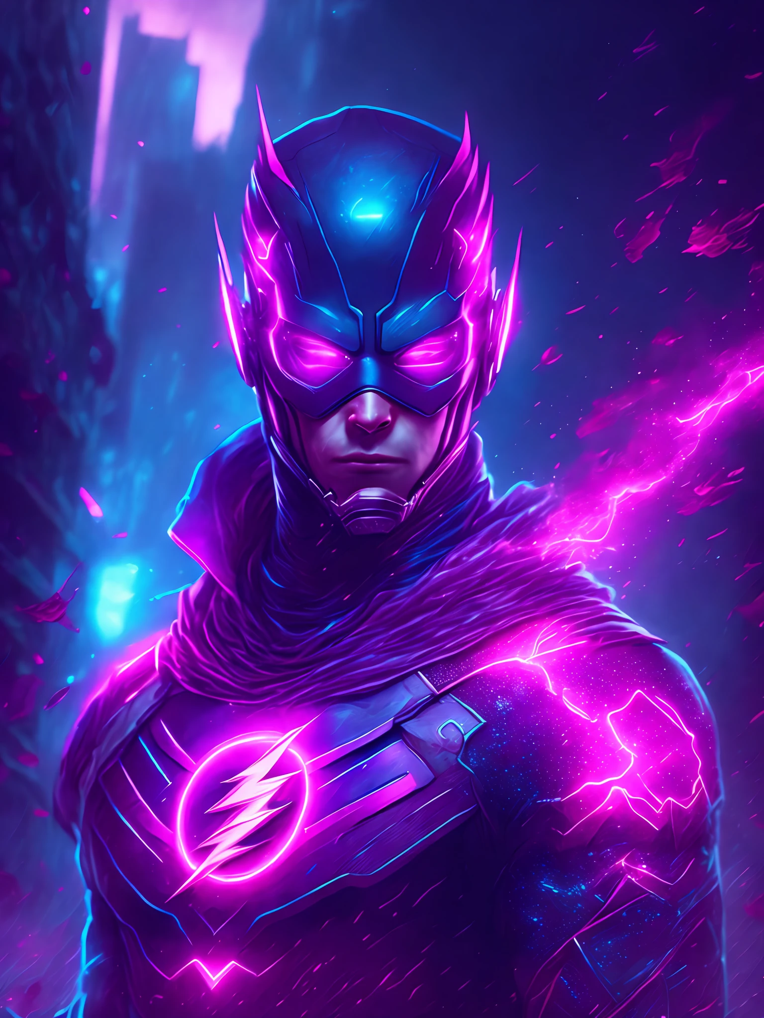 gloomy portrait of Flash Pink Lantern from DC, extremely detailed, futuristic cityscape, nighttime, glowing neon lights, smoke, sparks, metal shavings, flying debris, blue energy effects, volumetric light
