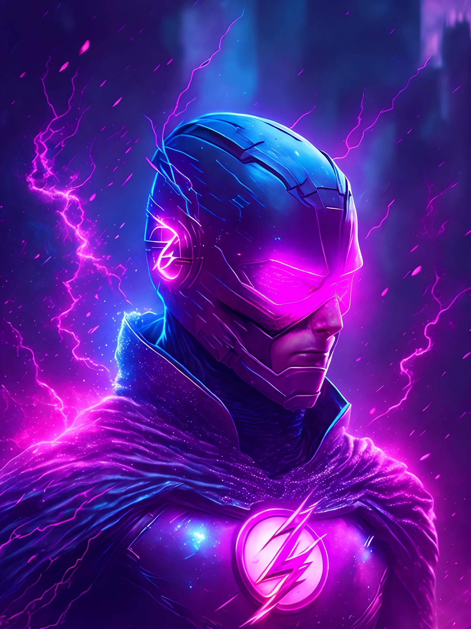 gloomy portrait of Flash Pink Lantern from DC, extremely detailed, futuristic cityscape, nighttime, glowing neon lights, smoke, sparks, metal shavings, flying debris, blue energy effects, volumetric light