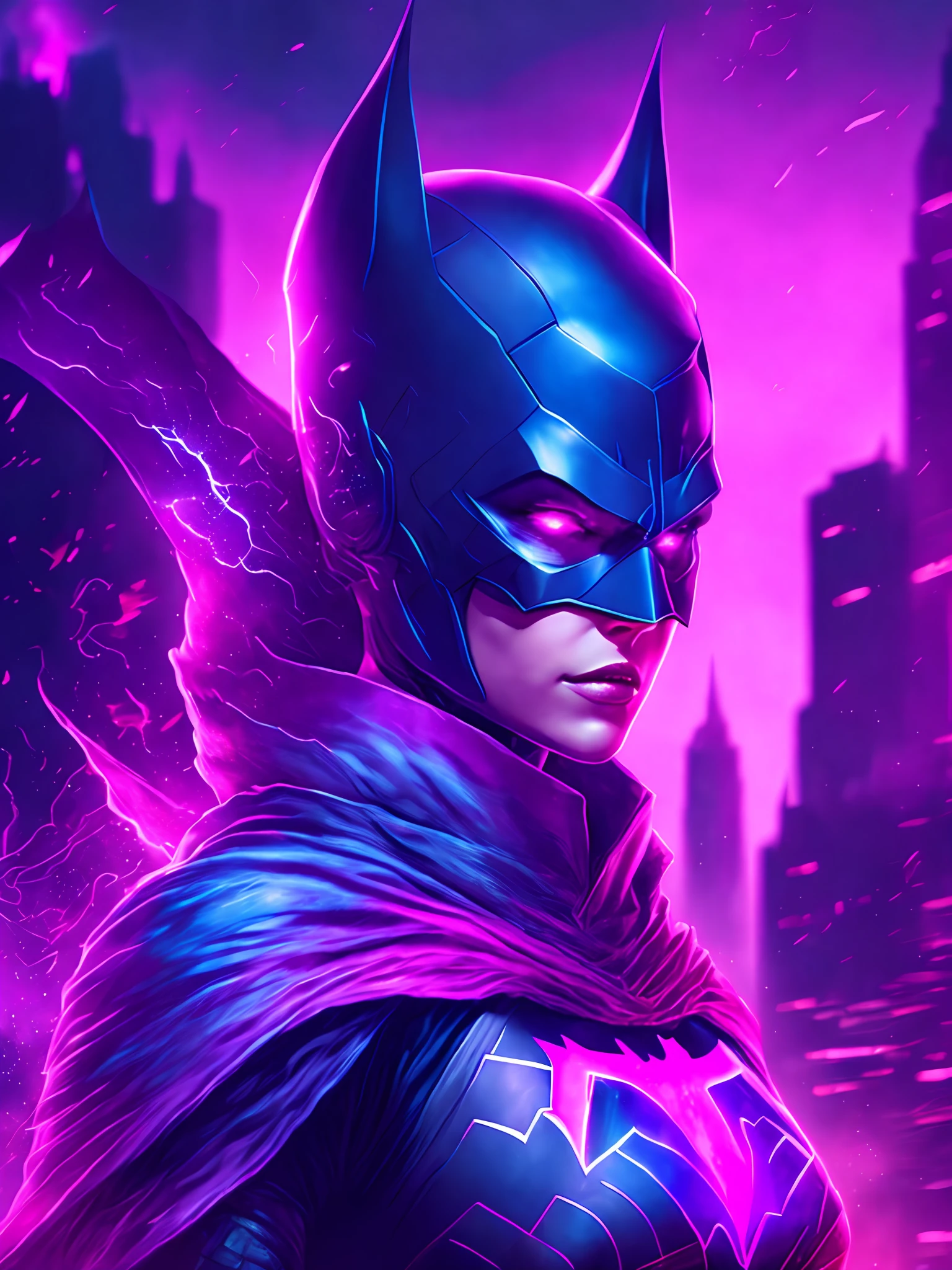 gloomy portrait of Batgirl Pink Lantern from DC, extremely detailed, futuristic cityscape, nighttime, glowing neon lights, smoke, sparks, metal shavings, flying debris, blue energy effects, volumetric light