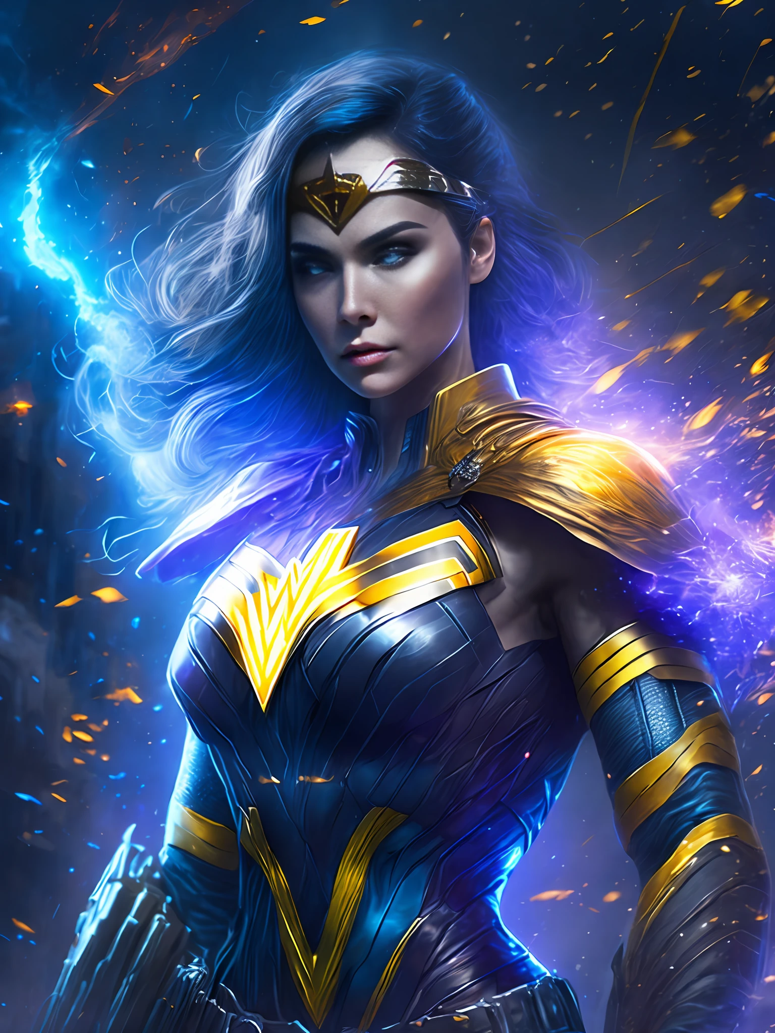 gloomy portrait of Wonder Woman Yellow Lantern from DC, extremely detailed, futuristic cityscape, nighttime, glowing neon lights, smoke, sparks, metal shavings, flying debris, blue energy effects, volumetric light
