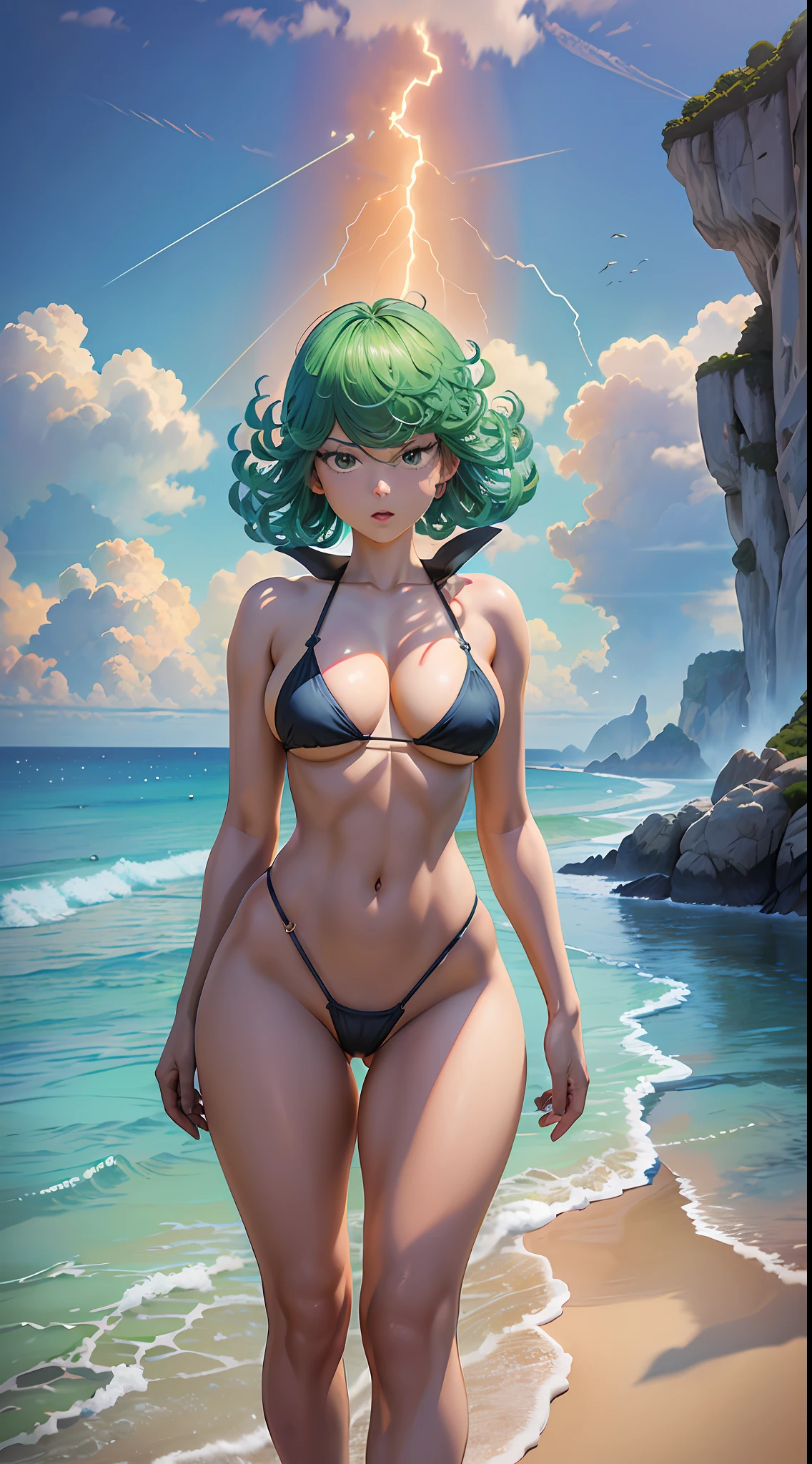 masterpiece, beach scene at sunset:1.3), (Tatsumaki from One Punch Man:1.2), (standing at her 150 centimeters height with a well-distributed 45 kg:1.2), (beautifully proportioned body with small breasts and a medium-sized, firm, and round buttocks:1.2), (slender physique:1.1), (strolling along the beach at the moment of capture:1.2), (facing away from the camera, but turning around with a brief laughter at the corner of her mouth:1.2), (photograph taken from her back:1.5), (wearing an extremely small bikini both on top and bottom:1.5), (capturing the enchanting lighting of the sunset:1.1), (enhancing the beauty of her green-colored hair:1.3) Hyper-detailed, insane details, Beautifully color graded, Unreal Engine, DOF, Super-Resolution,Megapixel, Cinematic Lightning, Anti-Aliasing, FKAA, TXAA, RTX,SSAO,Post Processing, Post Production, Tone Mapping, CGI, VFX, SFX, Insanely detailed and intricate , Hyper maximalist, Hyper realistic, Volumetric, Photorealistic, ultra photoreal, ultra- detailed, intricate details,8K, Super detailed , Full color, Volumetric lightning, HDR, Realistic, Unreal Engine, 16K, Sharp focus. Octane render