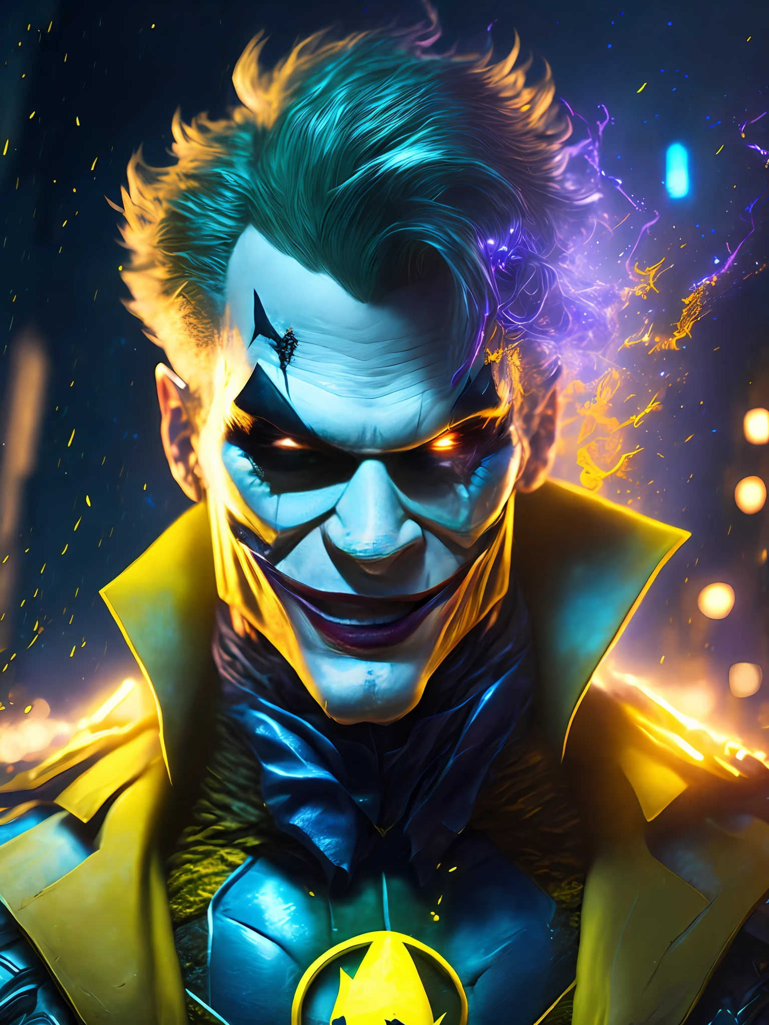 gloomy portrait of Joker Yellow Lantern from DC, extremely detailed, futuristic cityscape, nighttime, glowing neon lights, smoke, sparks, metal shavings, flying debris, blue energy effects, volumetric light