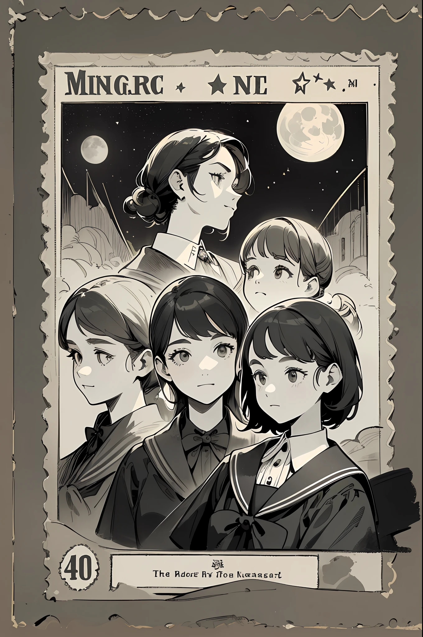 (masterpiece), (best quality), (best detail), (distant general view), (postage stamp),(main color of illustration: black), (secondary color: gray), a group of very beautiful schoolgirls with cheerful posture, very detailed face, vintage advertising poster with gothic style letters, western 50s stage, night (many stars, moon), shading (detailed, much contrast), black and white image