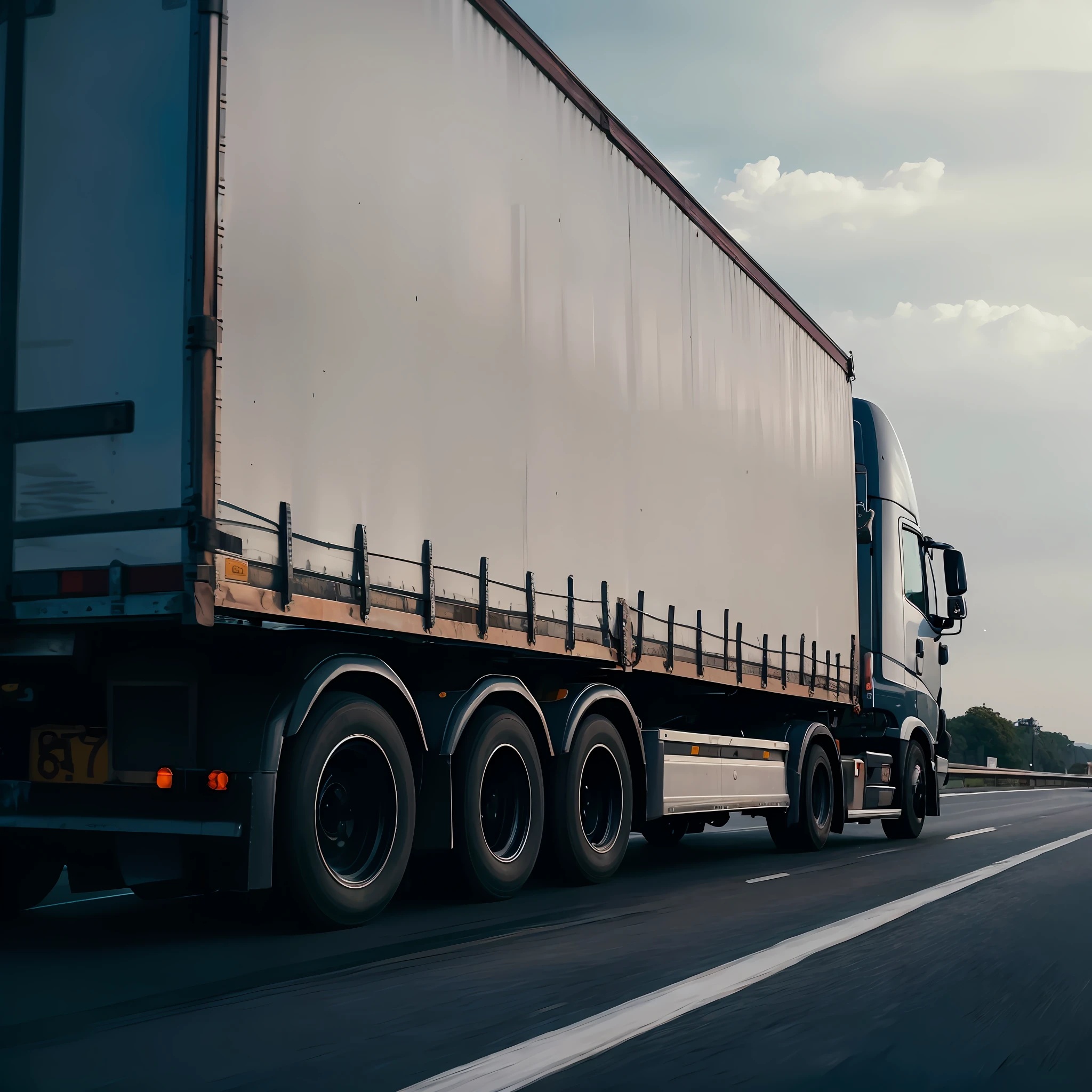 a cargo truck driving fast during the day
