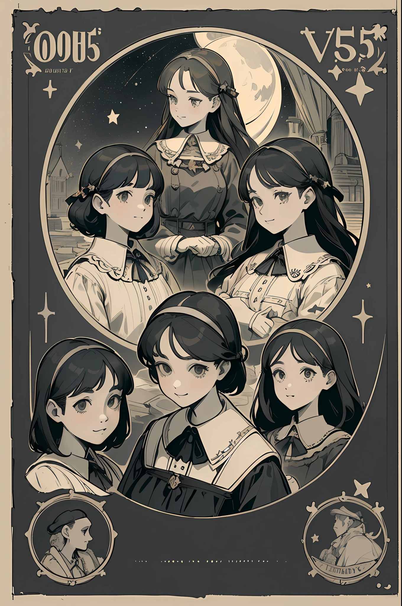 (masterpiece), (best quality), (best detail), (distant general view), (postage stamp),(main color of illustration: black), (secondary color: gray), a group of very beautiful schoolgirls with cheerful posture, very detailed face, vintage advertising poster with gothic style letters, western 50s stage, night (many stars, moon), shading (detailed, much contrast), black and white image
