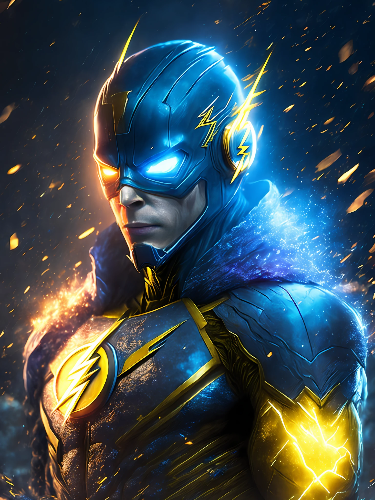 gloomy portrait of Flash Yellow Lantern from DC, extremely detailed, futuristic cityscape, nighttime, glowing neon lights, smoke, sparks, metal shavings, flying debris, blue energy effects, volumetric light