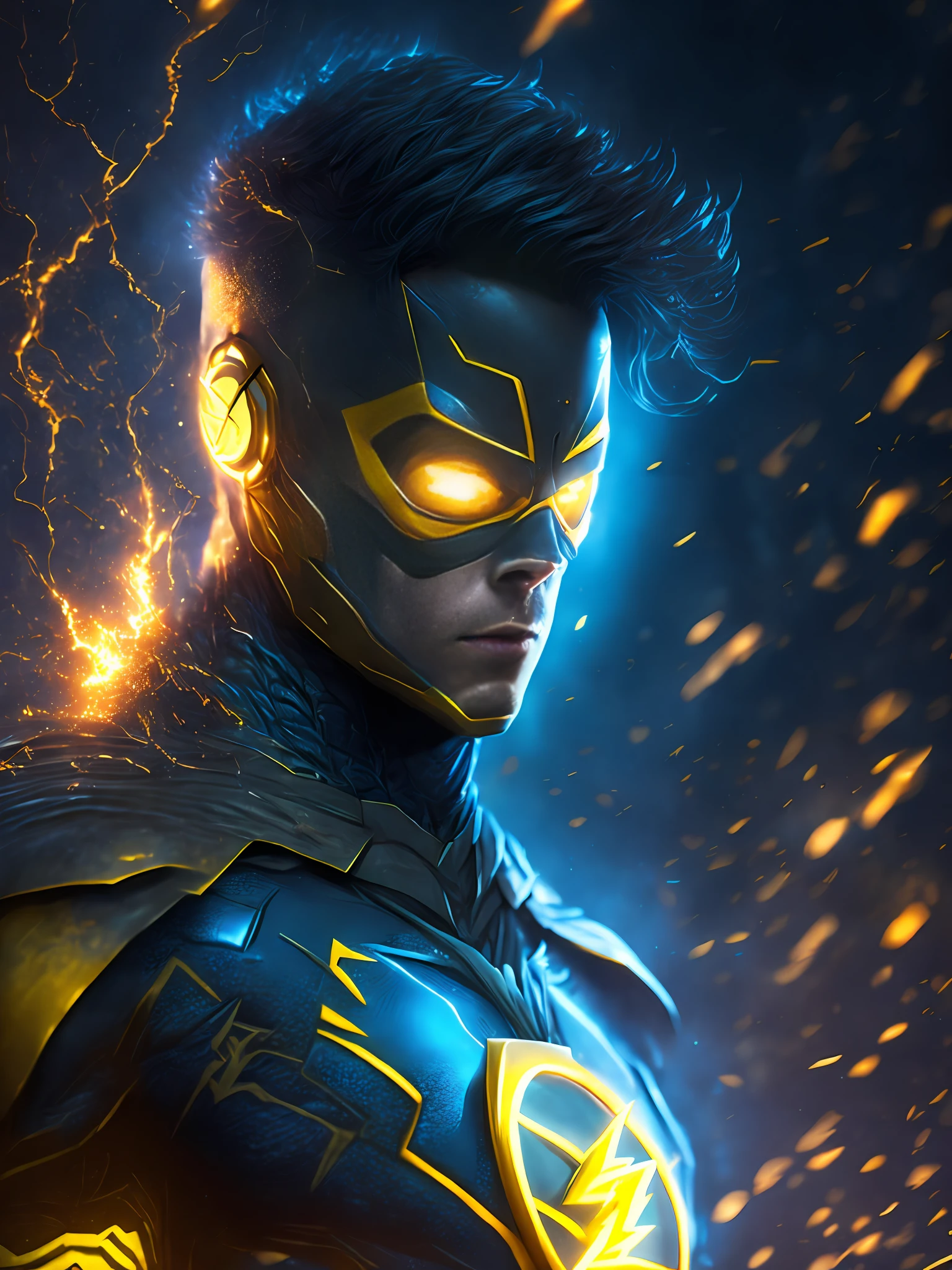 gloomy portrait of Flash Yellow Lantern from DC, extremely detailed, futuristic cityscape, nighttime, glowing neon lights, smoke, sparks, metal shavings, flying debris, blue energy effects, volumetric light