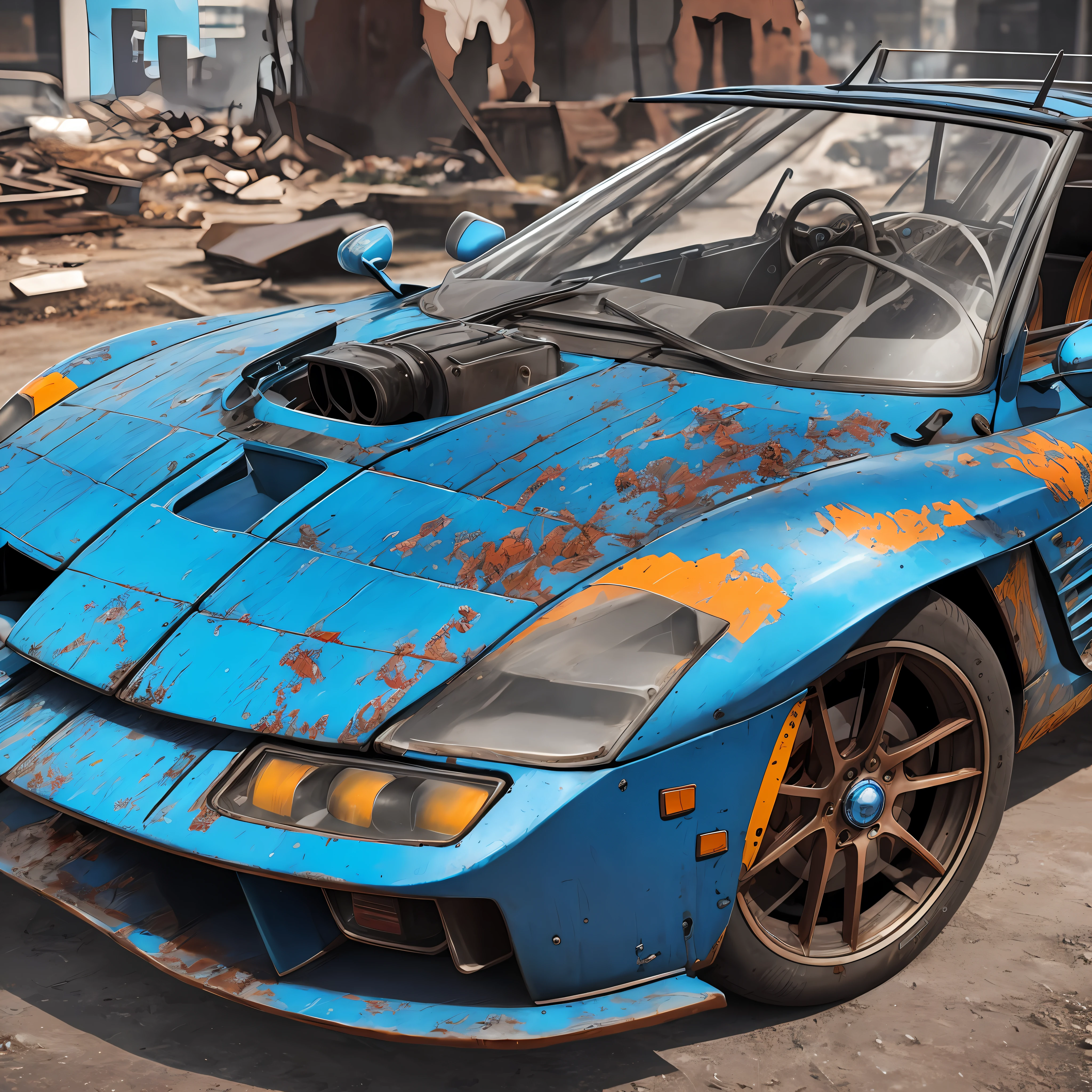 Looking for an epic, cinematic positivism-style image of a rusty blue F1 90s in a post-apocalyptic city? Consider using vivid colors, intricate details, and a grand atmosphere that captures the spirit of positivity in a world that has been destroyed. This artwork can be rendered in 3D, with sharp details that bring the rusty blue F1 90s to life. Consider working with artists like Auguste Rodin, Pierre-Auguste Renoir or Camille Pissarro to bring this design to life.   --9:16 --auto --s2