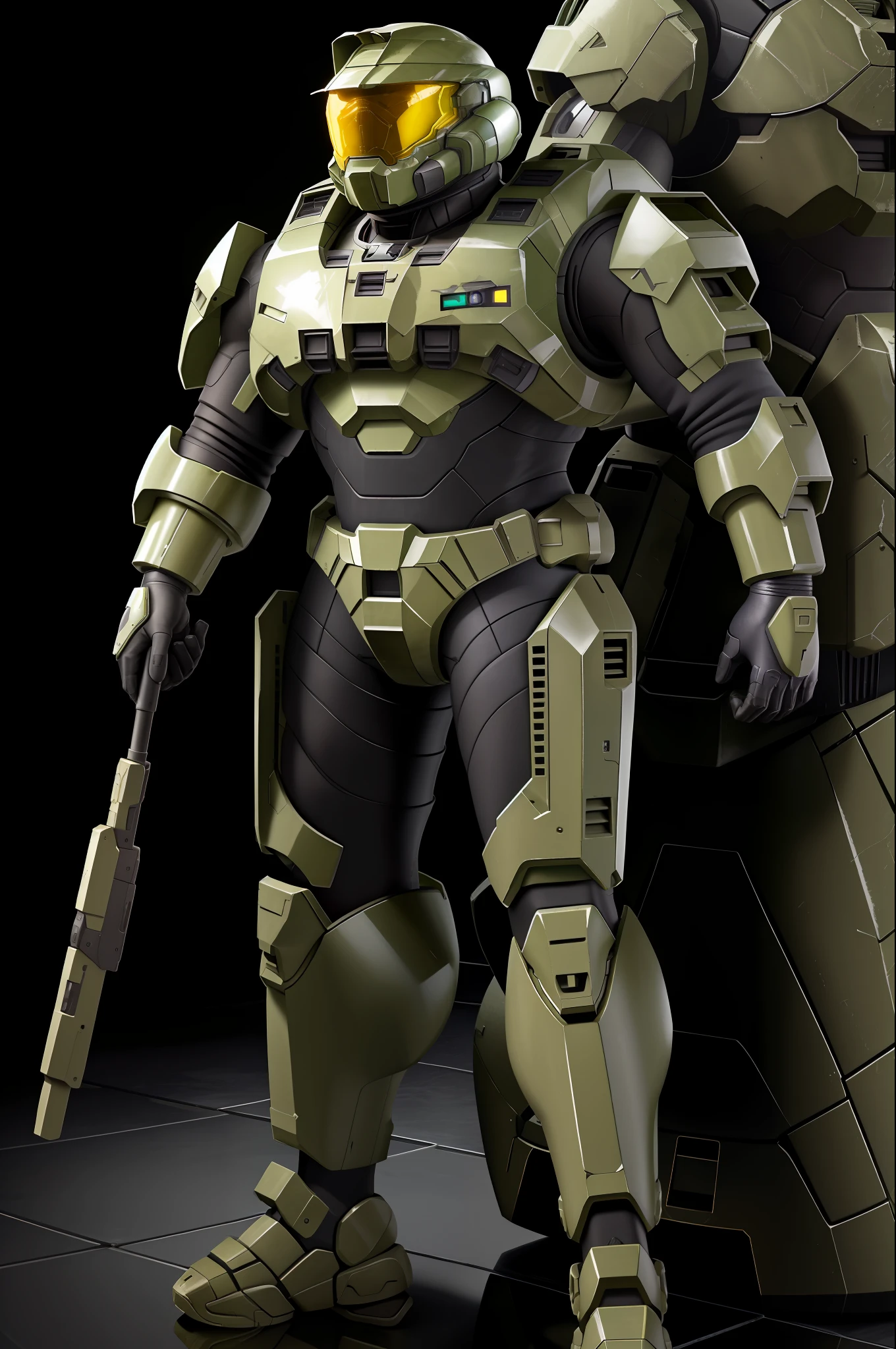 a photo of a man wearing power armor, full body, 8K, absurdres, edgHalo, military green armor, helmet, science fiction, power armor power stance, best quality, wallpaper, lush detail, in a village,