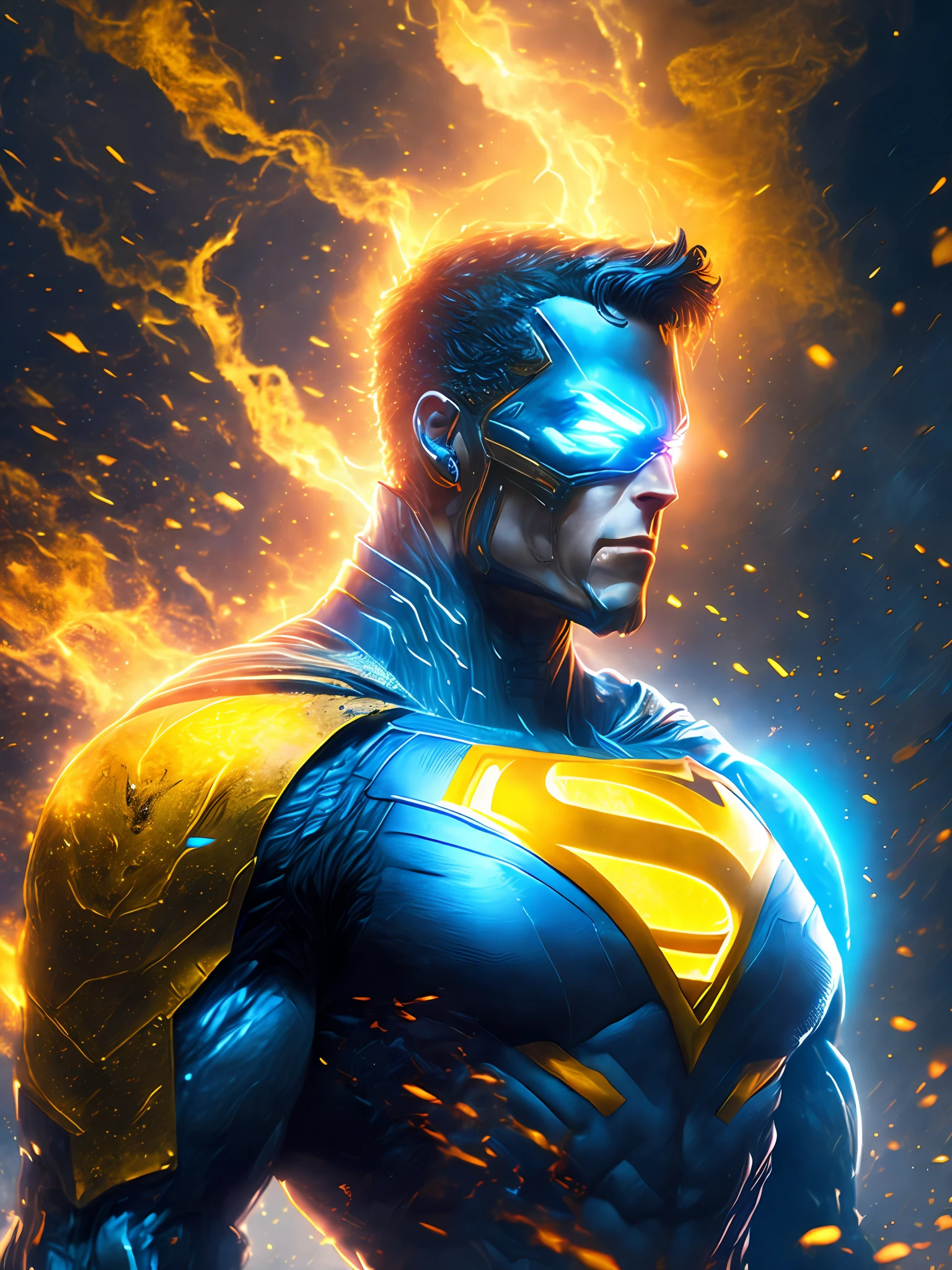 gloomy portrait of Cyborg Superman Yellow Lantern from DC, extremely detailed, futuristic cityscape, nighttime, glowing neon lights, smoke, sparks, metal shavings, flying debris, blue energy effects, volumetric light