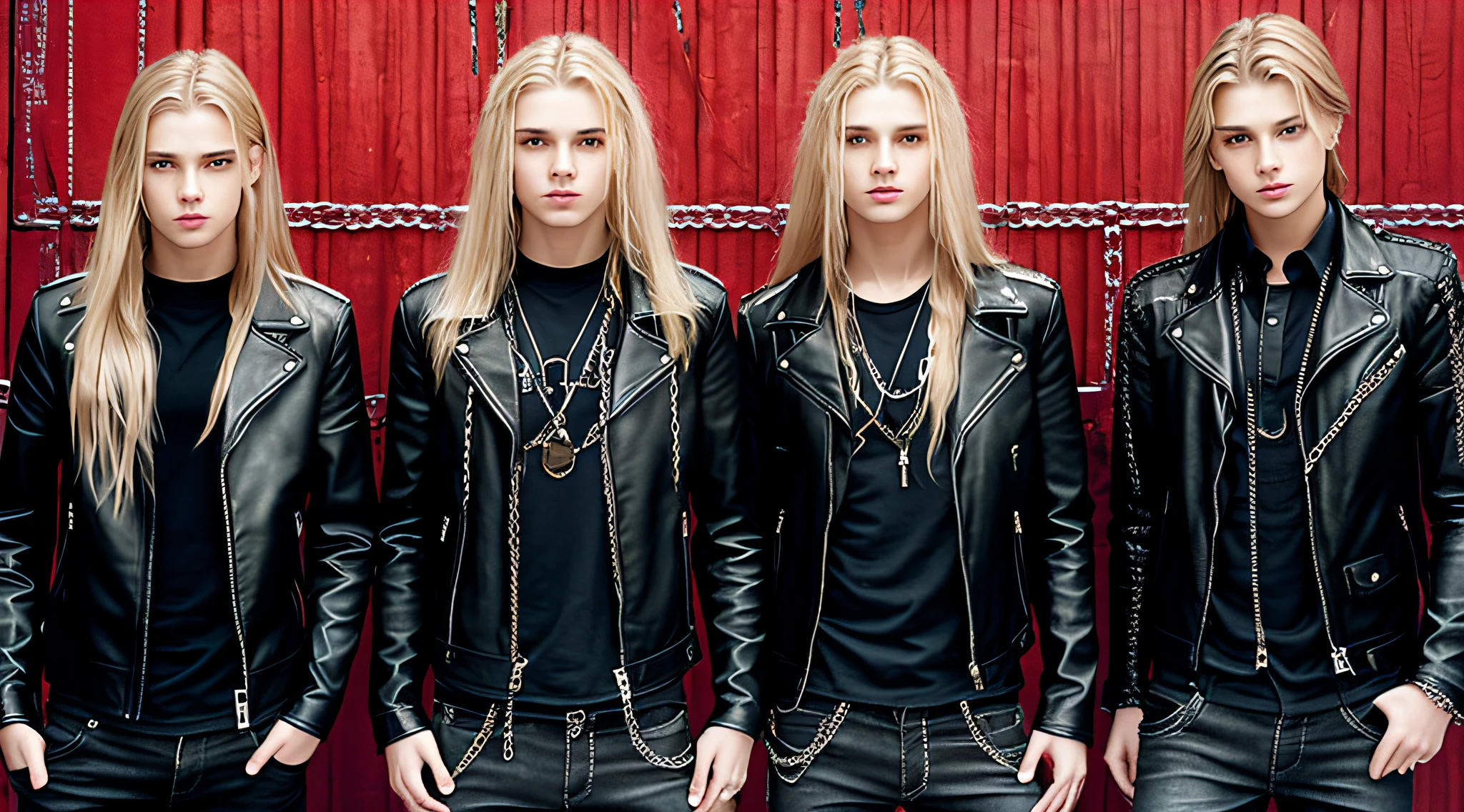 14-YEAR-OLD BOYS, WITH LONG BLOND HAIR, WITH LEATHER JACKETS AND BLACK CLOTHING, ON A RED BACKGROUND WITH MANY CHAINS, FLOOR WITH CHAINS, CEILING WITH CHAINS.
