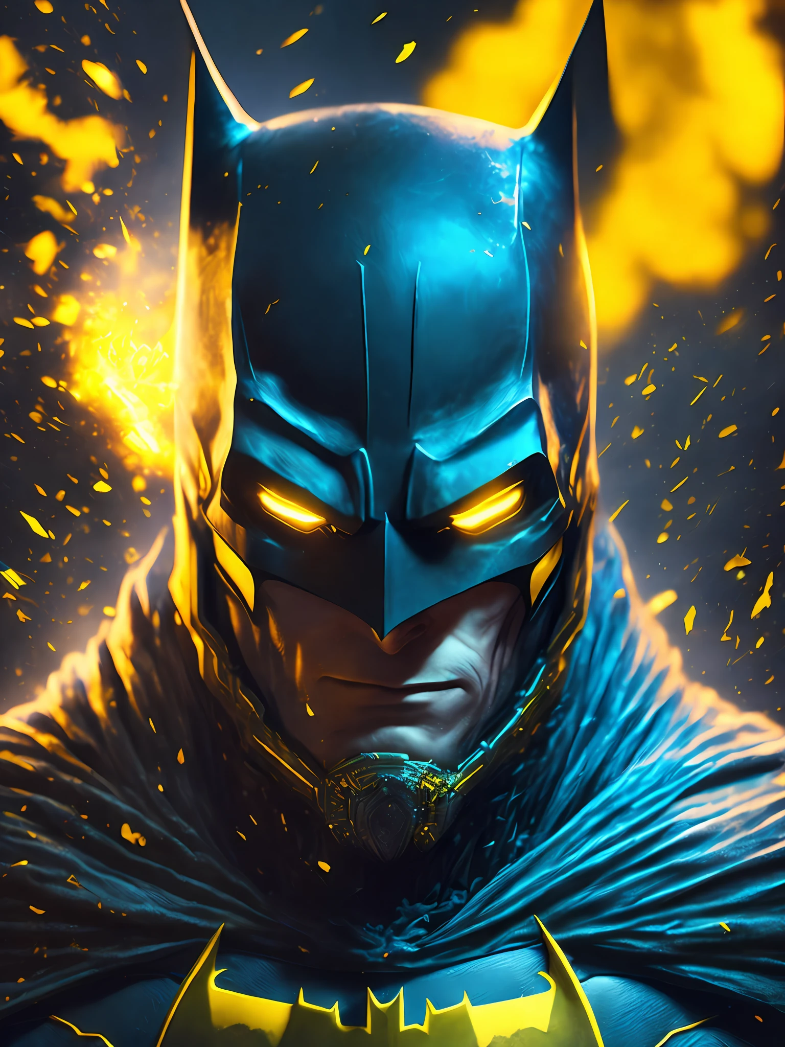 gloomy portrait of Batman Yellow Lantern from DC, extremely detailed, futuristic cityscape, nighttime, glowing neon lights, smoke, sparks, metal shavings, flying debris, blue energy effects, volumetric light
