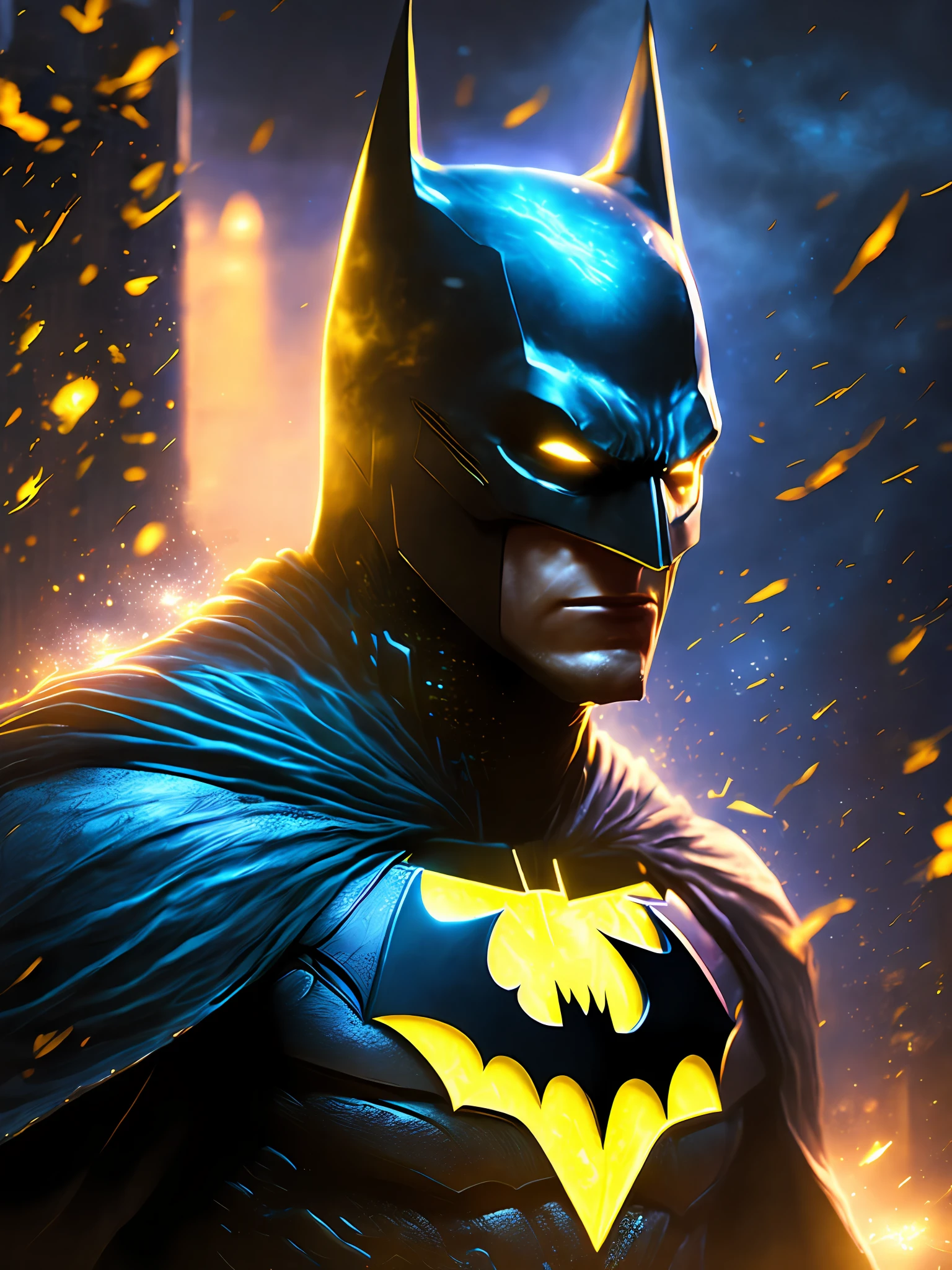 gloomy portrait of Batman Yellow Lantern from DC, extremely detailed, futuristic cityscape, nighttime, glowing neon lights, smoke, sparks, metal shavings, flying debris, blue energy effects, volumetric light
