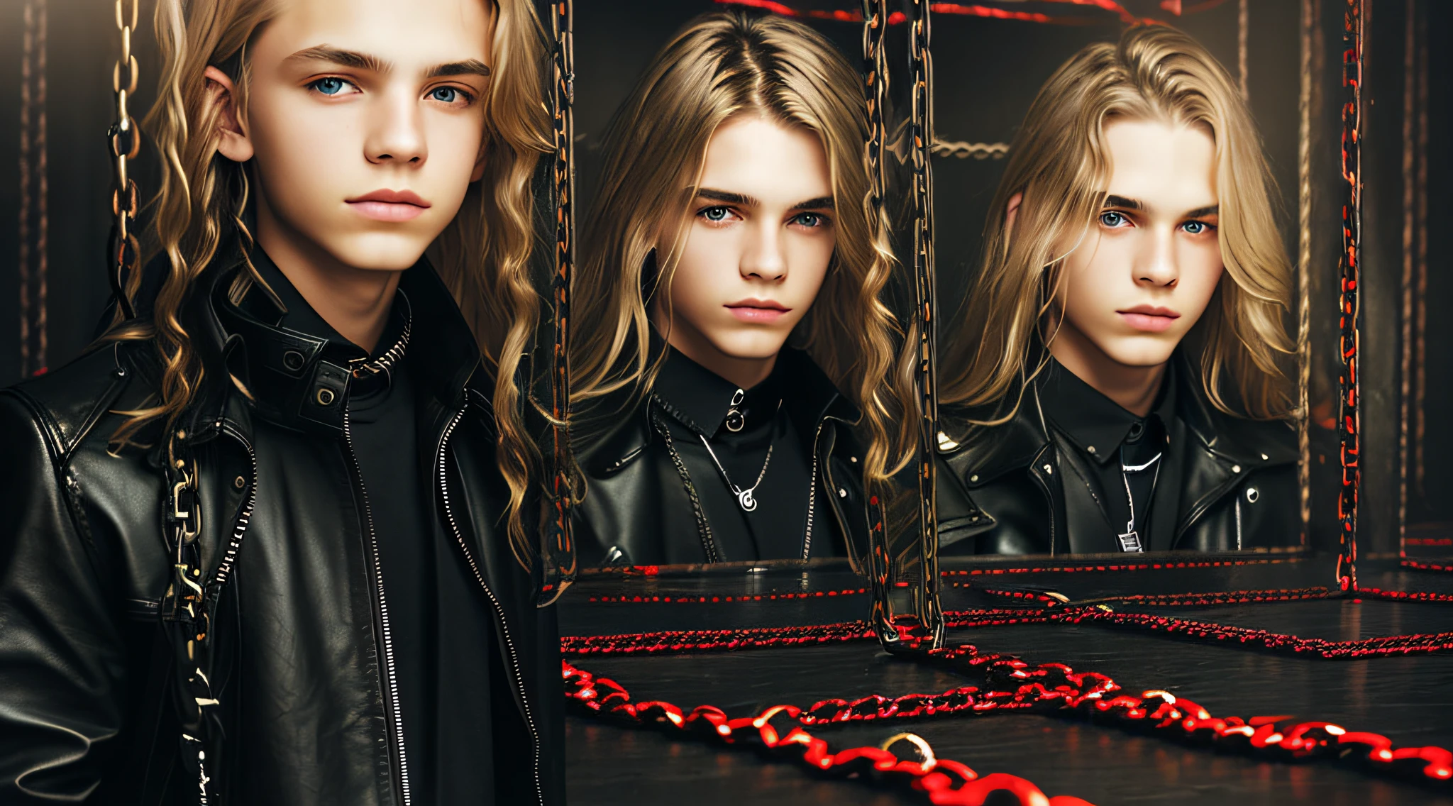 14-YEAR-OLD BOYS, PORTRAIT, CLOSEUP, WITH LONG BLONDE HAIR, WITH LEATHER JACKETS AND BLACK CLOTHING, ON A RED BACKGROUND WITH MANY CHAINS, FLOOR WITH CHAINS, CEILING WITH CHAINS.