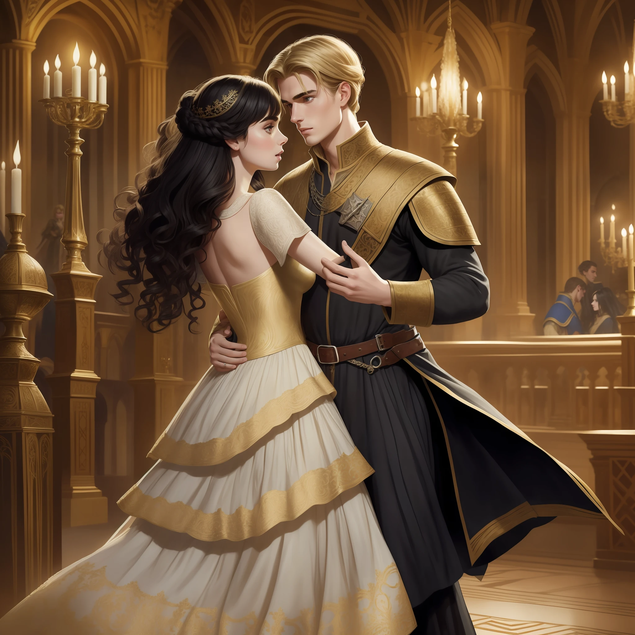Lily Collins, who has curly black hair, wears a medieval dress. the Neels Visser wears a medieval military outfit and has blonde hair. The couple is waltzing in the ballroom. The illustration is like a book cover with a detailed, bright, illuminated, ultra detailed background, concept art, elegant, art by Greg Rutkowski