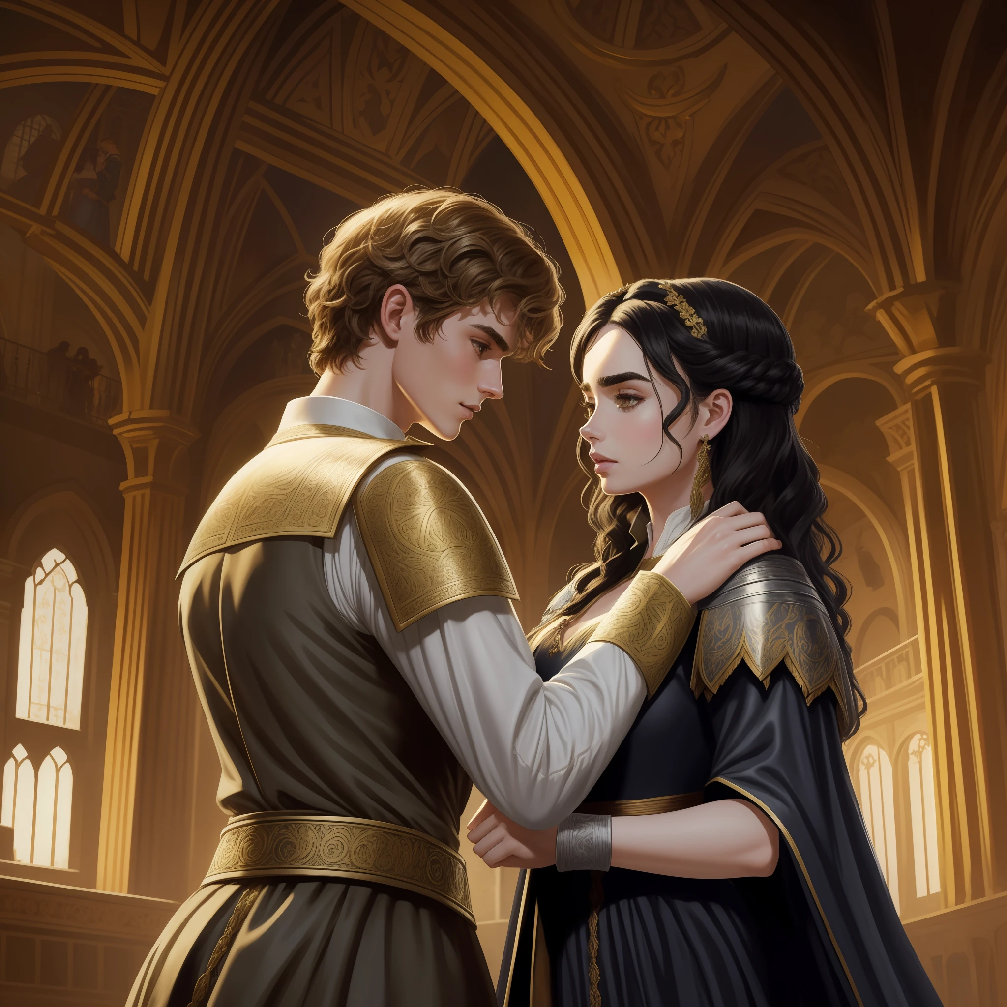 Lily Collins, who has curly black hair, wears a medieval dress. the Neels Visser wears a medieval military outfit and has blonde hair. The couple is waltzing in the ballroom. The illustration is like a book cover with a detailed, bright, illuminated, ultra detailed background, concept art, elegant, art by Greg Rutkowski
