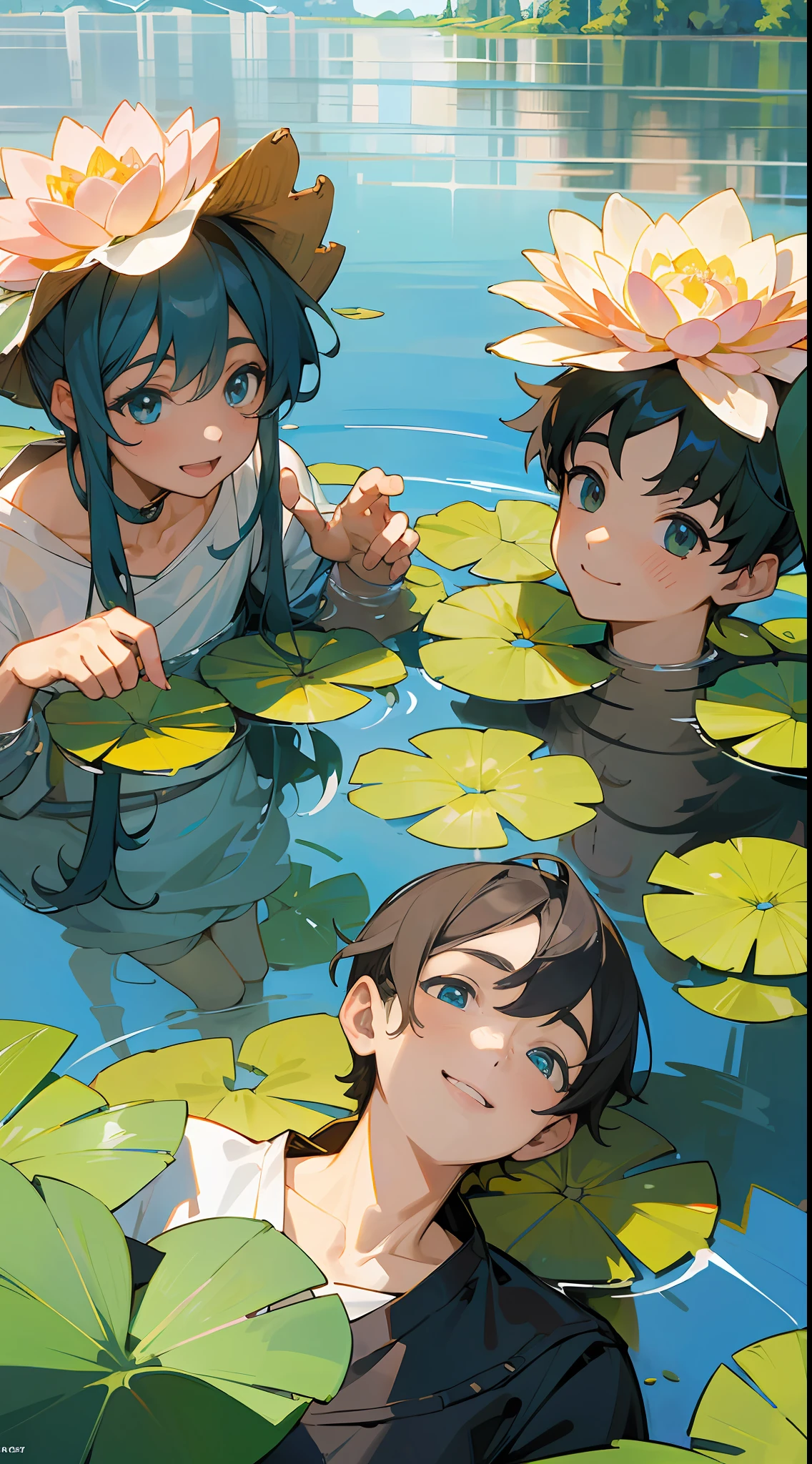 Masterpiece, best quality, 3 boys playing in the water, smiling, fine facial features, summer, lake full of flowers, lotuses, clouds, sun, clean blue sky, smile, have fun
