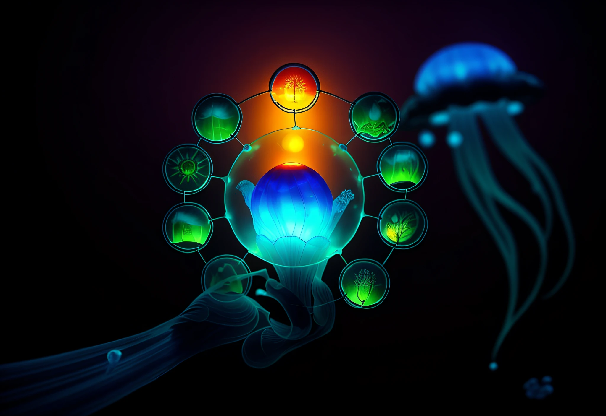 Fungal Wastes, night and (jellyfish:1.2), [Style-Petal], Style-Glass, closeup, dramatic, volumetric lighting, subsurface scattering, (highly detailed:1.2), bokeh,