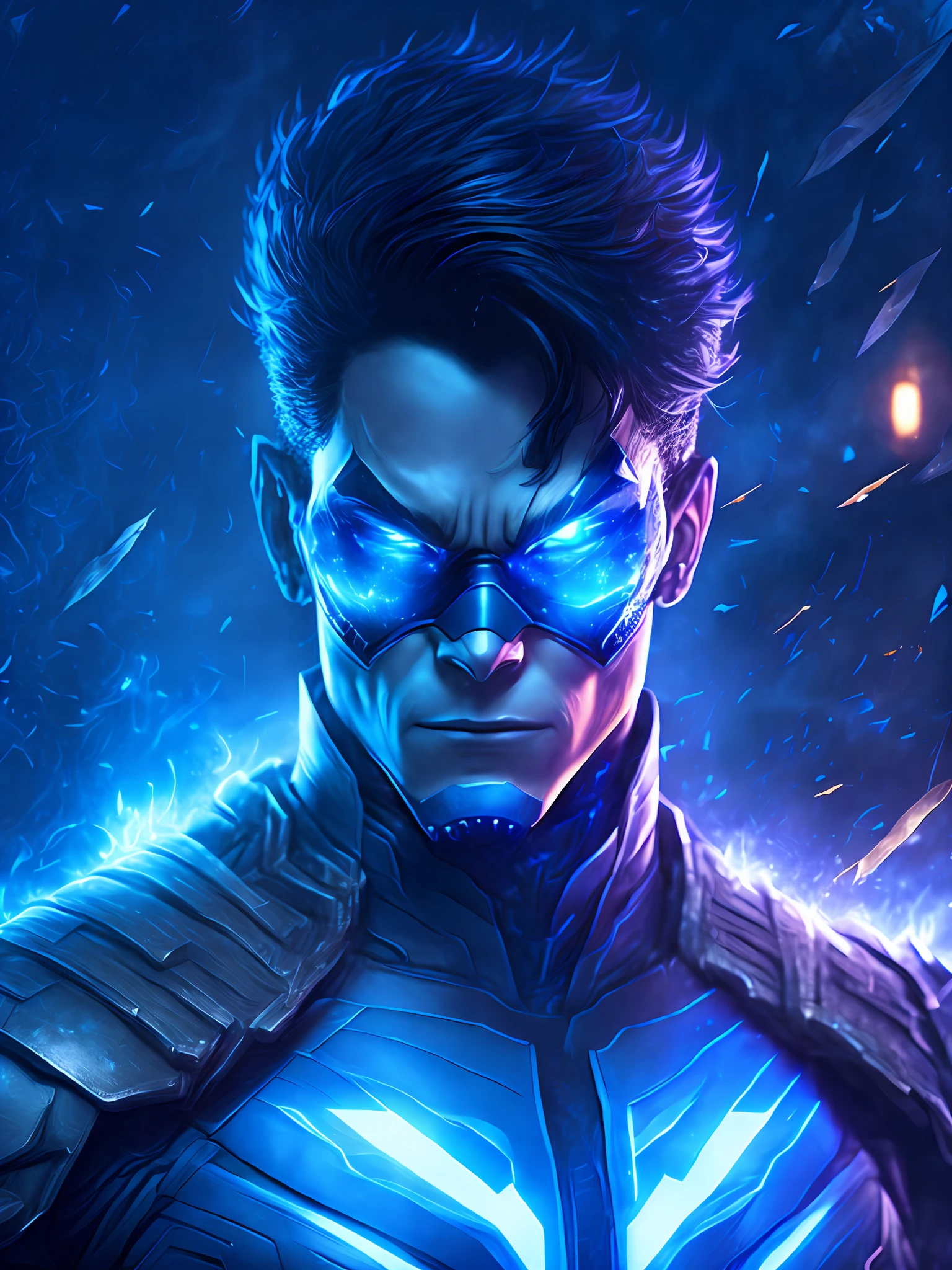 gloomy portrait of Nightwing Blue Lantern from DC, extremely detailed, futuristic cityscape, nighttime, glowing neon lights, smoke, sparks, metal shavings, flying debris, blue energy effects, volumetric light