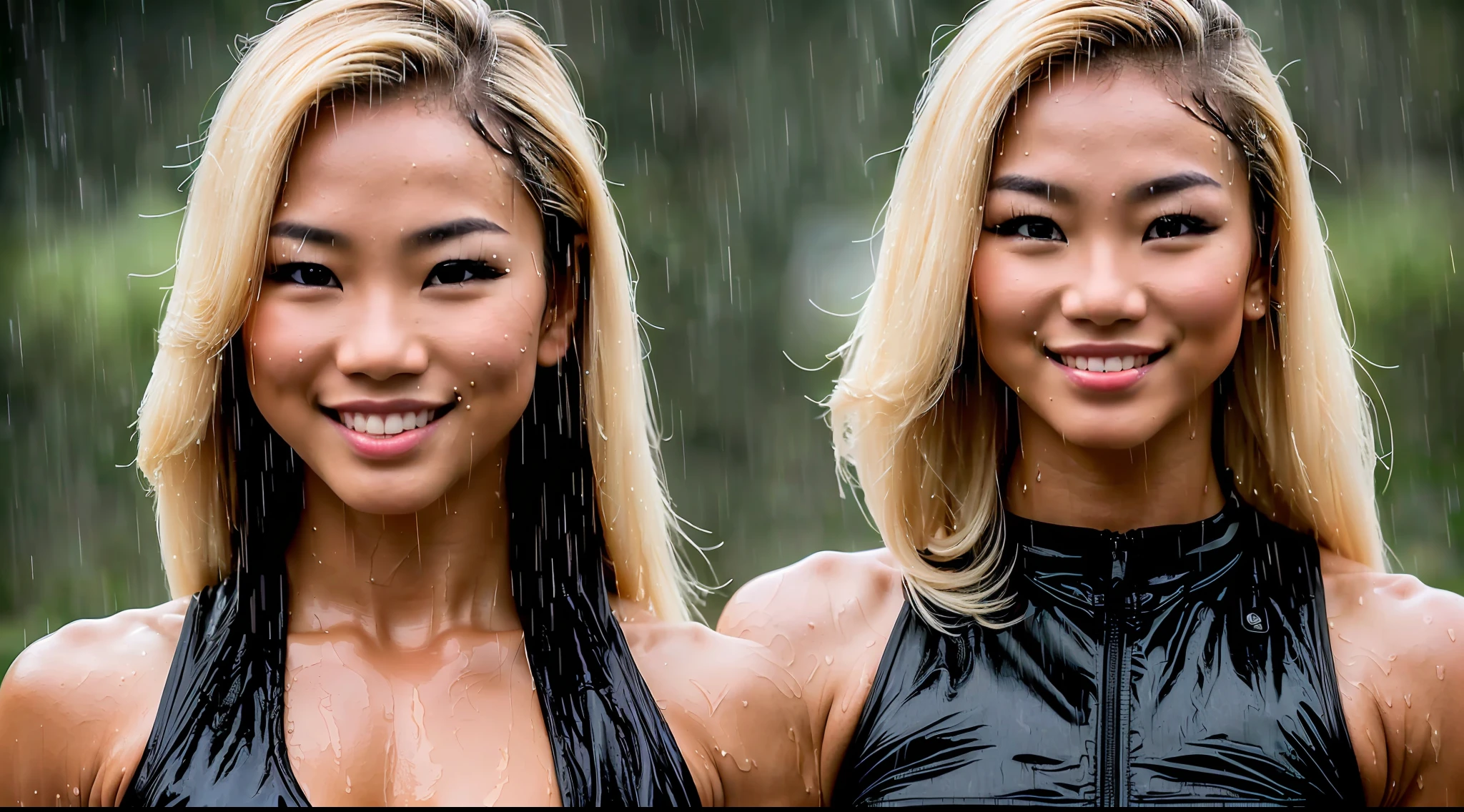 a beautiful young Thai woman with blond hair and a bodybuilder physique, as a female warrior wet in the rain, smile, cinematic, Key light, backlight, natural lighting, photography 400 ISO film grain 30mm lens RAW aperture f1.8, art photographer, intricate
