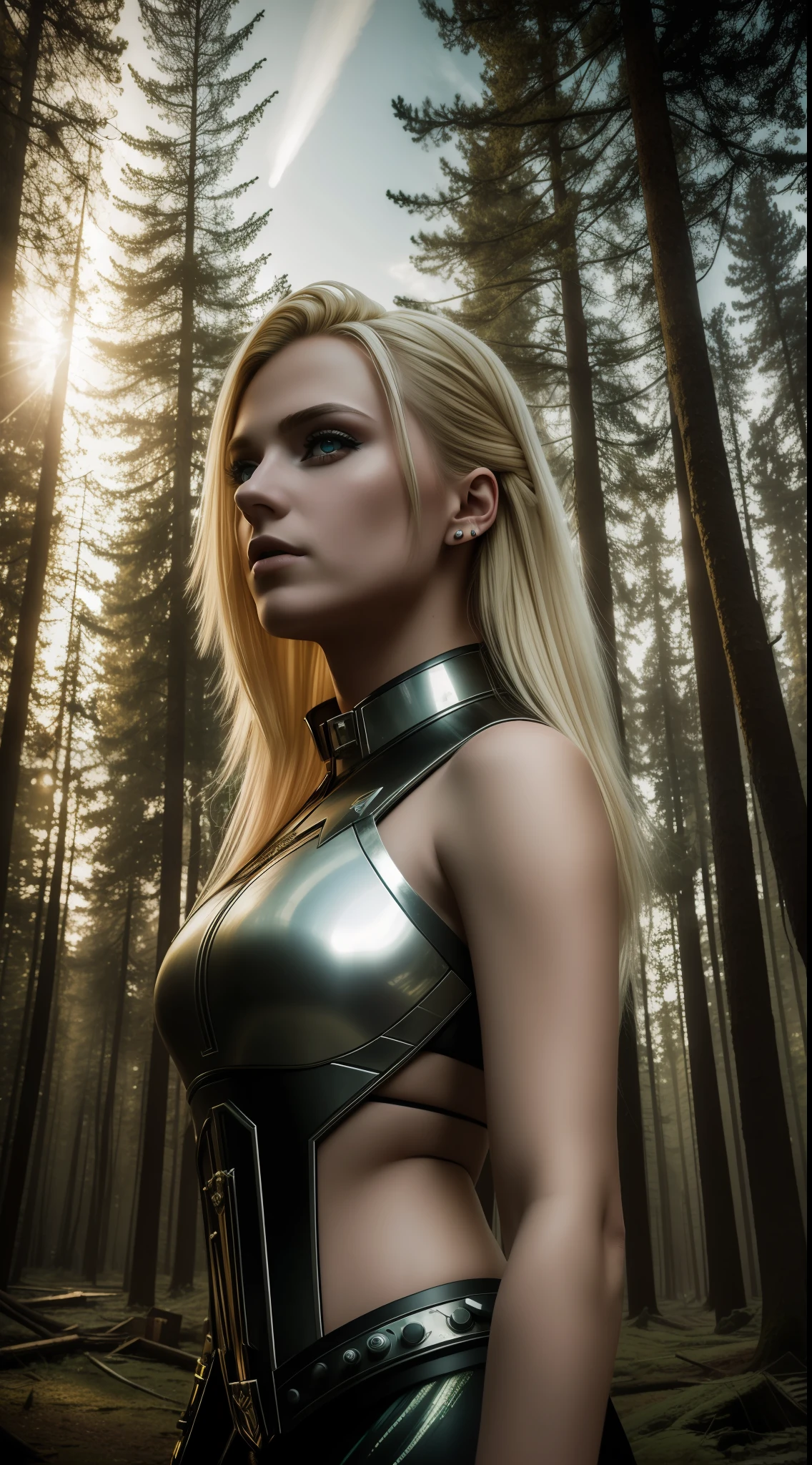 ((masterpiece 1.2)), high details, futuristic costume, woman with piercing look, blonde hair, set forest with abandoned buildings, 24mm lens, (4K), cinema, dramatic lighting, deep shadows, (intense HDR), canon, sparkle, textured
