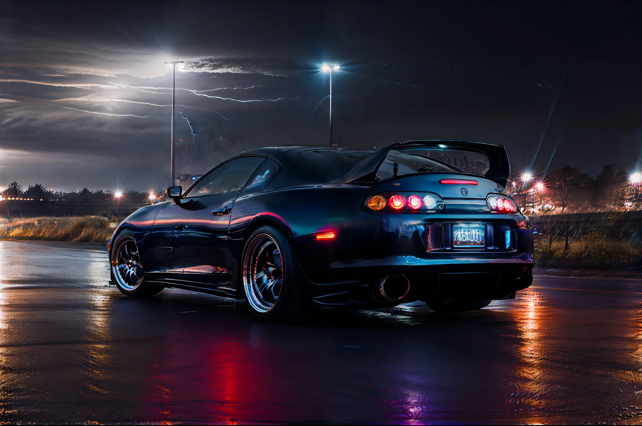 (STANCE), masterpiece,best quality,official art,extremely detailed CG unity 8k wallpaper,illustration, light,car, bright, sports car, vehicle focus, road, ((need for speed)),((NFS)), moving, wet, (((night, midnight))),neon lights,drift,  (MARKII)