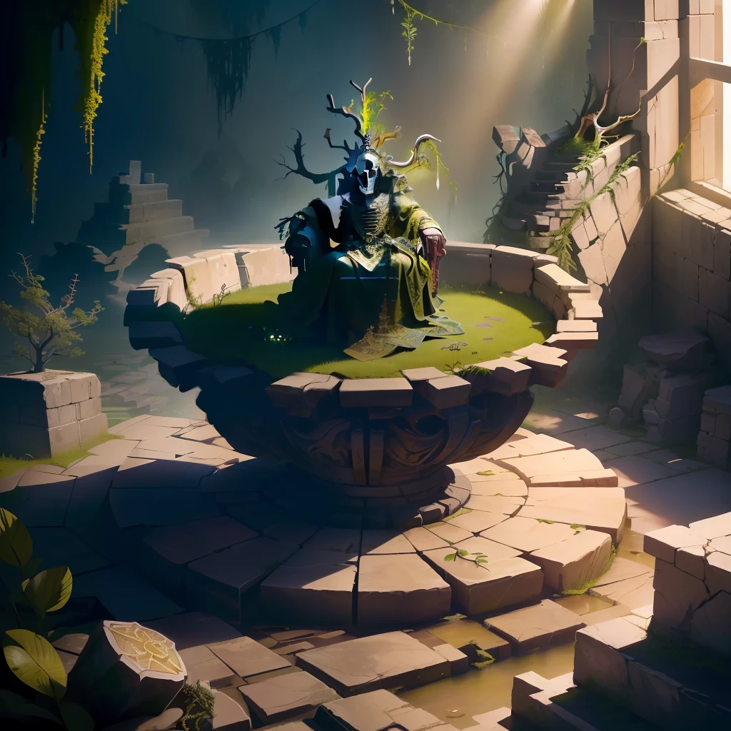 An ancient skeleton king with a golden crown wearing a suit of rusty armor, a huge flowering RootsBranchesAI tree growing from his large throne covered with red velvet, inside the ruins of a medieval stone throne room over_grown with vines and moss. Dripping water, rubble, loose stone blocks, ruins, rays of light. best quality, highres, high resolution, sharp focus, high detail, cinematic shadow.