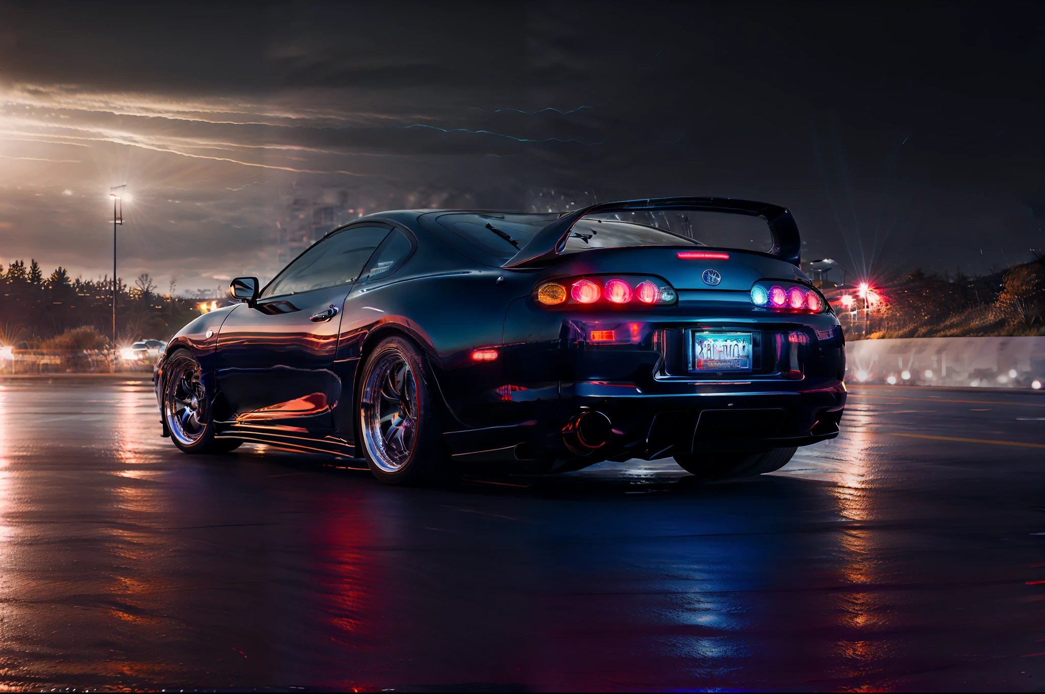 (STANCE), masterpiece,best quality,official art,extremely detailed CG unity 8k wallpaper,illustration, light,car, bright, sports car, vehicle focus, road, ((need for speed)),((NFS)), moving, wet, (((night, midnight))),neon lights,drift,  (MARKII)