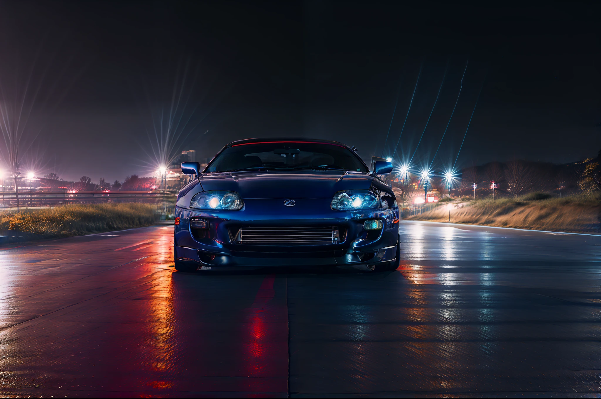 (STANCE), masterpiece,best quality,official art,extremely detailed CG unity 8k wallpaper,illustration, light,car, bright, sports car, vehicle focus, road, ((need for speed)),((NFS)), moving, wet, (((night, midnight))),neon lights,drift, (MARKII)