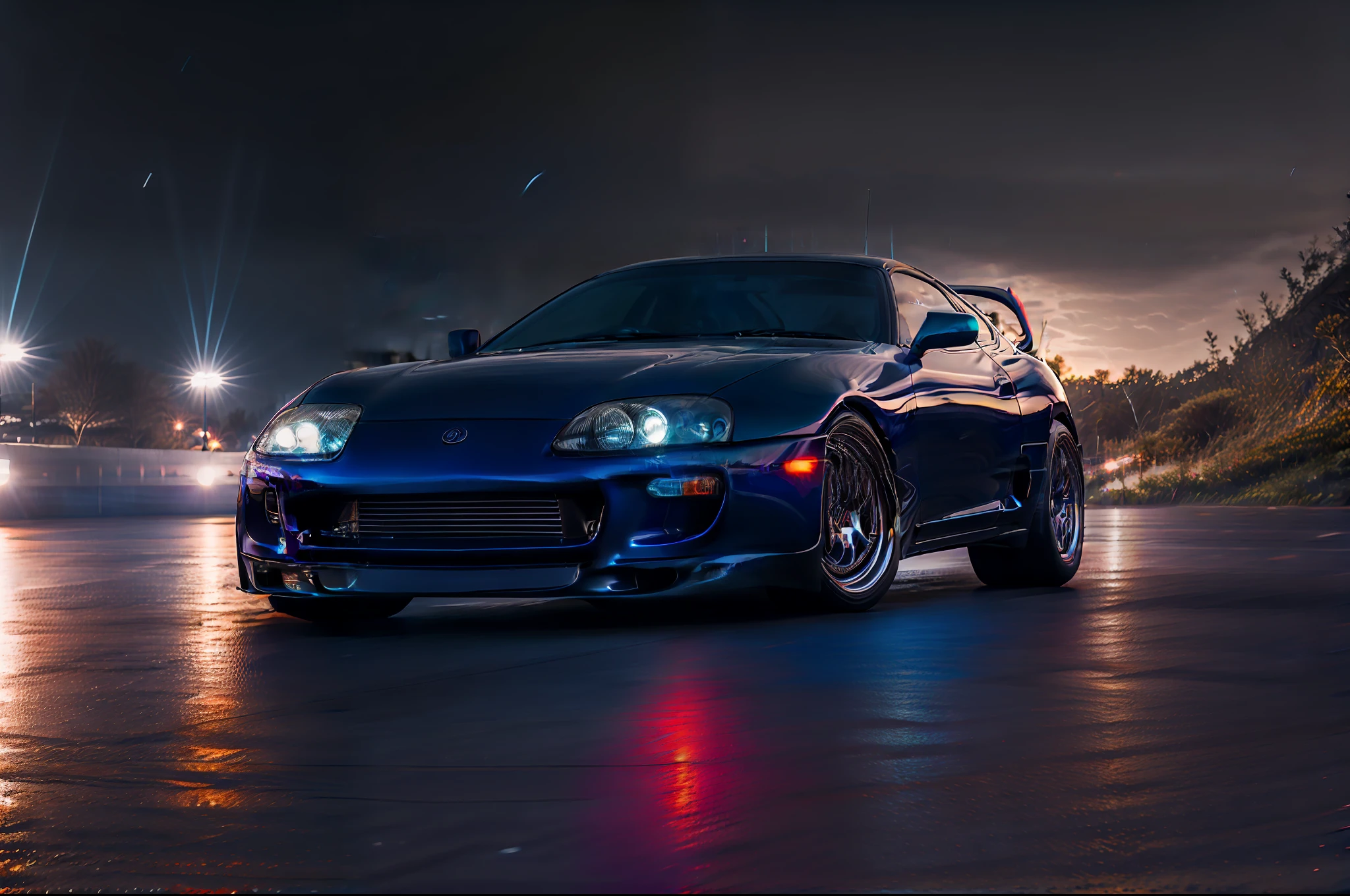 (STANCE), masterpiece,best quality,official art,extremely detailed CG unity 8k wallpaper,illustration, light,car, bright, sports car, vehicle focus, road, ((need for speed)),((NFS)), moving, wet, (((night, midnight))),neon lights,drift,  (MARKII)