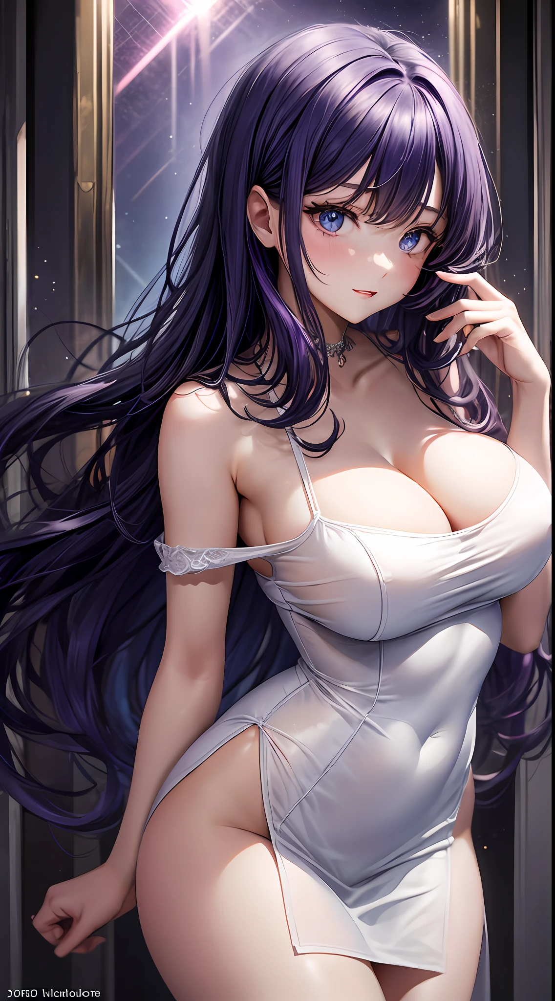 (masterpiece), best quality, nsfw, 1girl, saori_kido, cute, huge bust, 18 years old, big expressive eyes, blue eyes, perfect face, most seductive girl imaginable, cute, purple hair, shoulder hip length, wavy hair, voluminous hair, no makeup, happy face, pink lights, slip dress dress degage white ,short and bold white dress