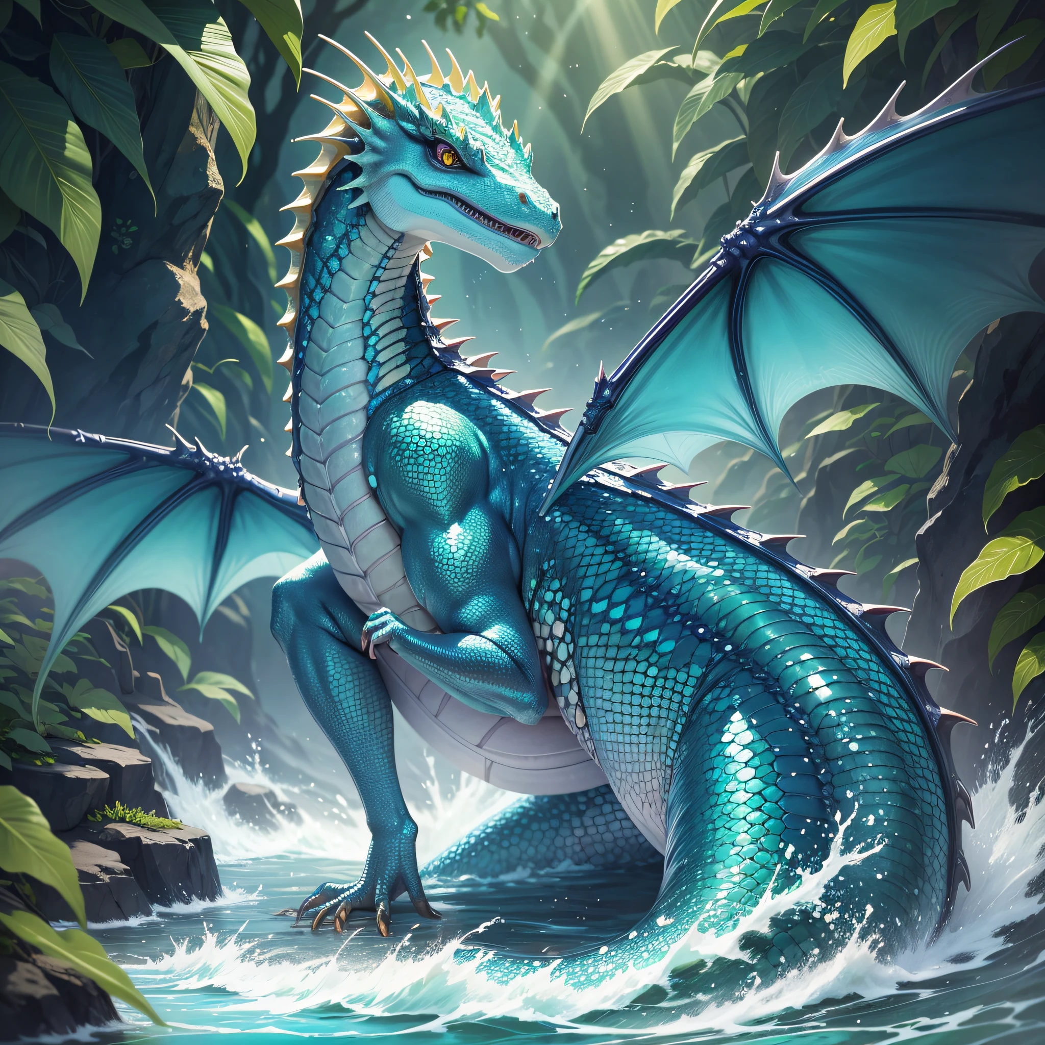 Water Dragon: This dragon has scales that shimmer like the sea in the sunlight, its eyes like ocean chasms. It controls the waters around it, being able to create huge waves with a simple flick of its tail. --auto --s2