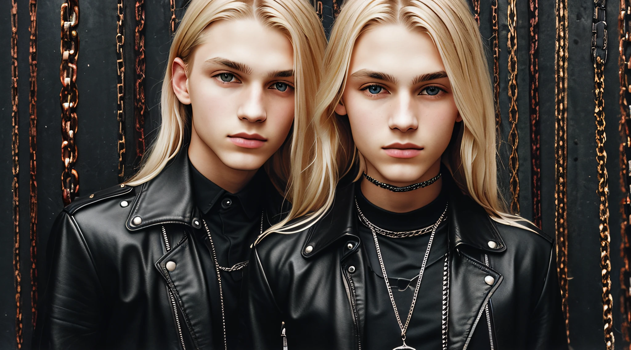 14-YEAR-OLD BOYS, PORTRAIT, CLOSEUP, WITH LONG BLONDE HAIR, WITH LEATHER JACKETS AND BLACK CLOTHING, ON A RED BACKGROUND WITH MANY CHAINS, FLOOR WITH CHAINS, CEILING WITH CHAINS.