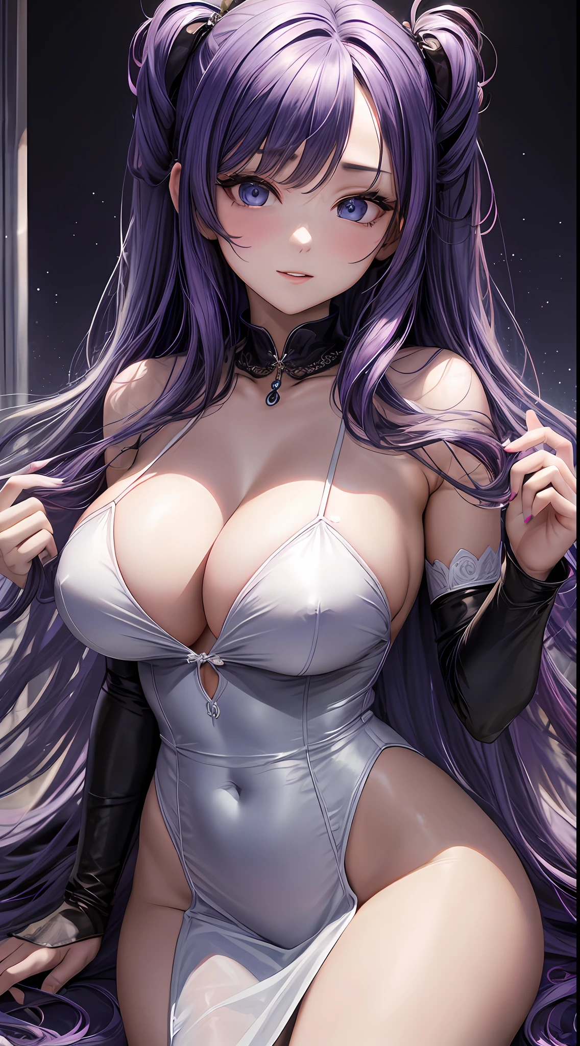 (masterpiece), best quality, nsfw, 1girl, saori_kido, cute, huge bust, 18 years old, big expressive eyes, blue eyes, perfect face, most seductive girl imaginable, beautiful, purple hair, shoulder hip length, wavy hair, voluminous hair, no makeup up, happy face, pink lights, slip dress dress degage white ,long and bold white dress