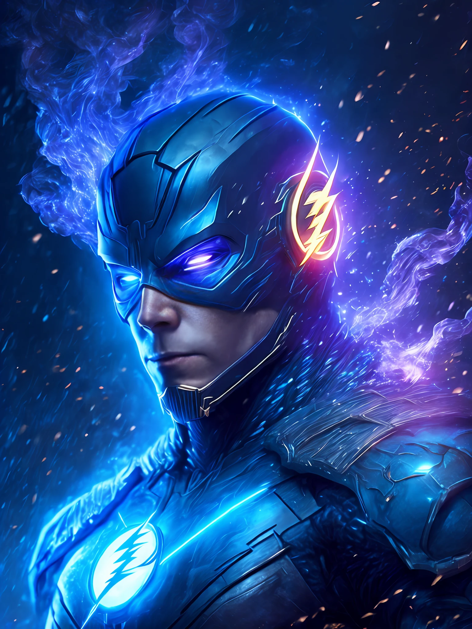 gloomy portrait of Flash Blue Lantern from DC, extremely detailed, futuristic cityscape, nighttime, glowing neon lights, smoke, sparks, metal shavings, flying debris, blue energy effects, volumetric light