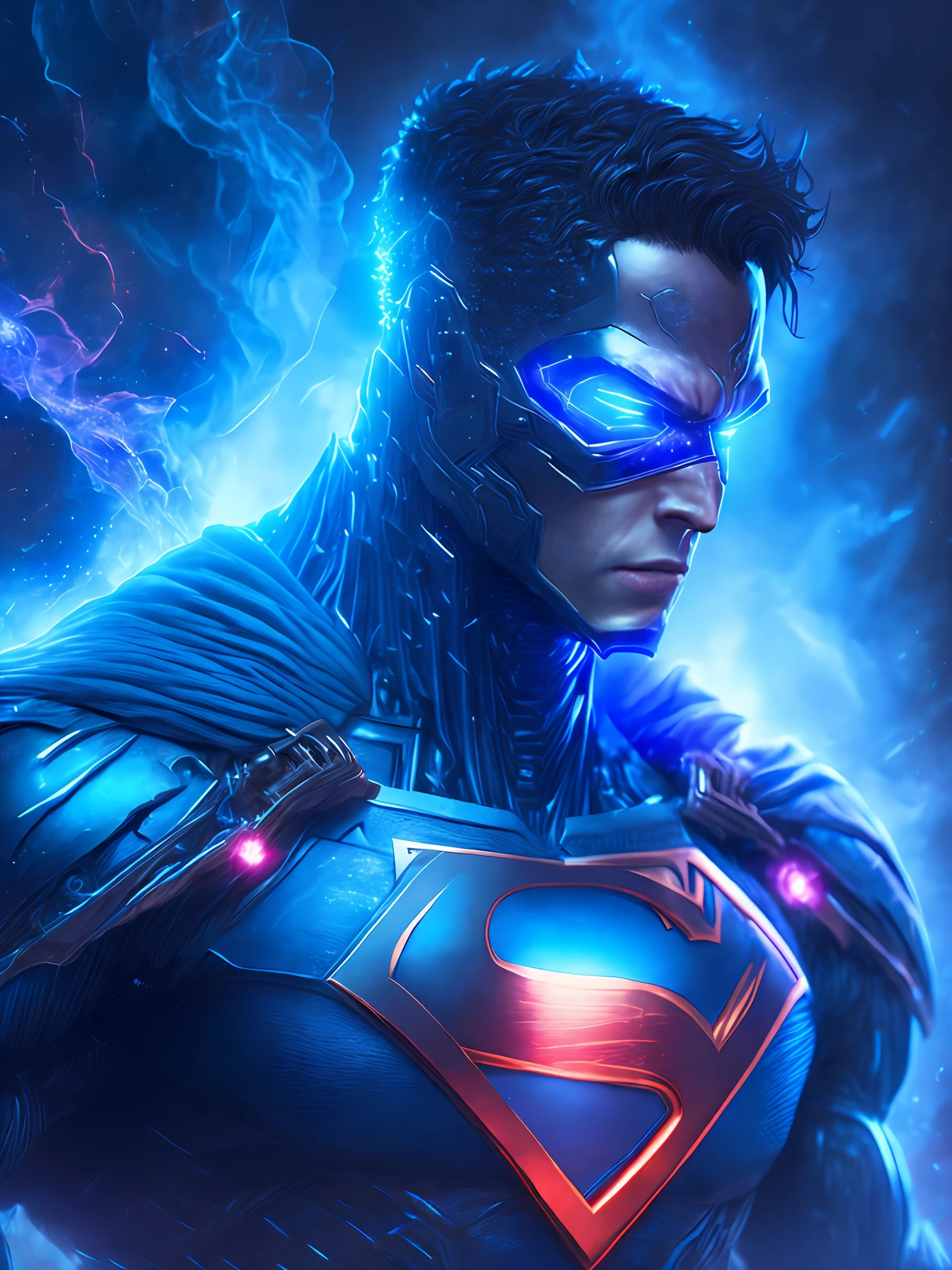 gloomy portrait of Cyborg Superman Blue Lantern from DC, extremely detailed, futuristic cityscape, nighttime, glowing neon lights, smoke, sparks, metal shavings, flying debris, blue energy effects, volumetric light