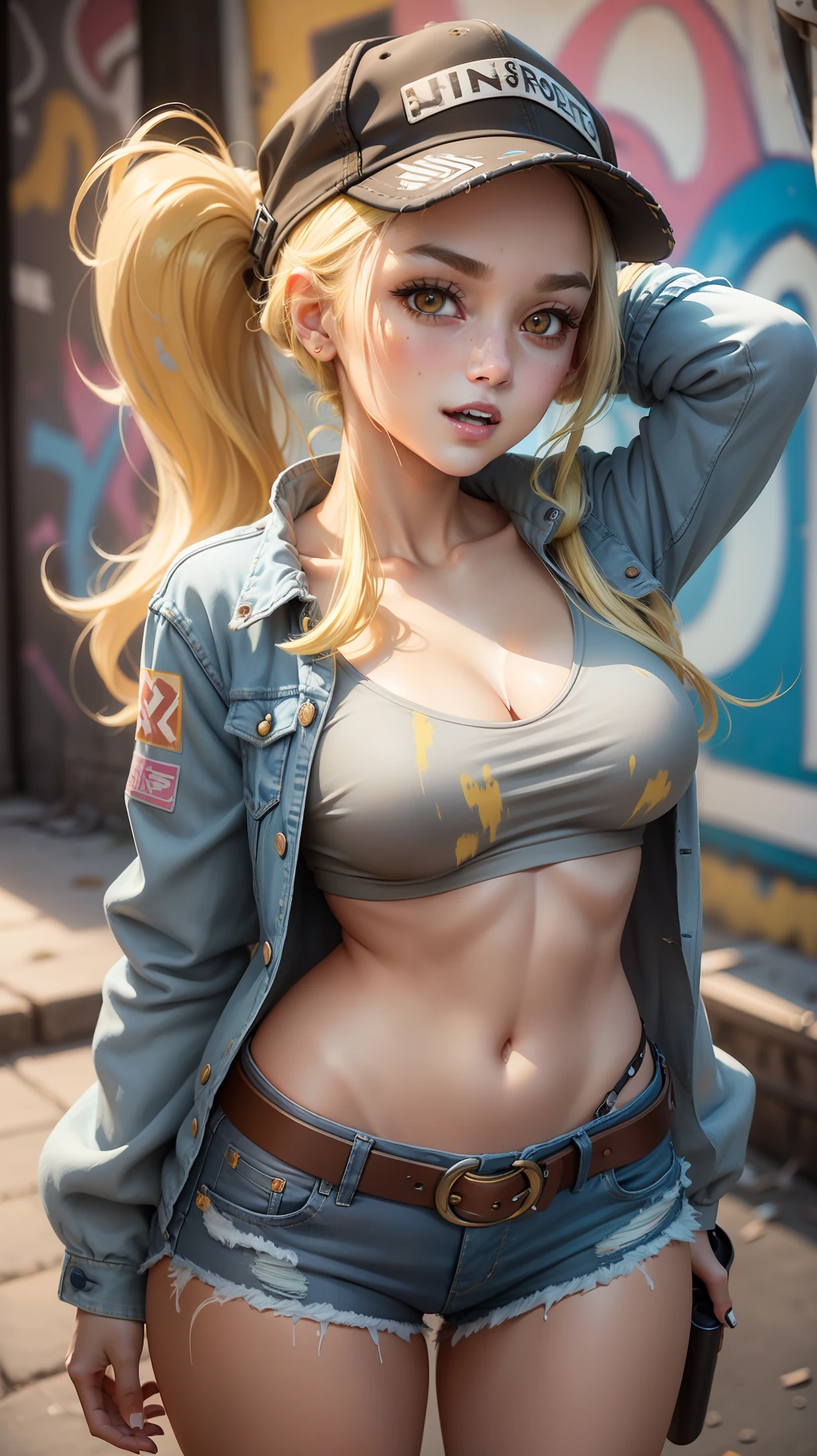 Original Character, Volumetric Lighting, Best Shadows, Shallow Depth of Field, Portrait Of Stunningly Beautiful Girl, Petite, Delicate Beautiful Attractive Face With Alluring Yellow Eyes, Messy Painted Face, Sharp Eyebrows, Broadly Smiling, Open Mouth, Fangs Out, Lovely Medium Breasts, Layered Long Twintail Blond Hair, Blush Eyeshadow, Thick Eyelashes, Applejack Hat, Oversized Pop Jacket, Mini Underboob Tee, Open Navel, Slim Waist, Denim Jeans Pants, With Buckle Belt, In The Graffiti Alley, Waste Container, Outside Stairs, Outdoor Unit, Holding Spray Paint Can, Standing, (Highest Quality, Amazing Details:1.25), (Solo:1.3), Brilliant Colorful Paintings