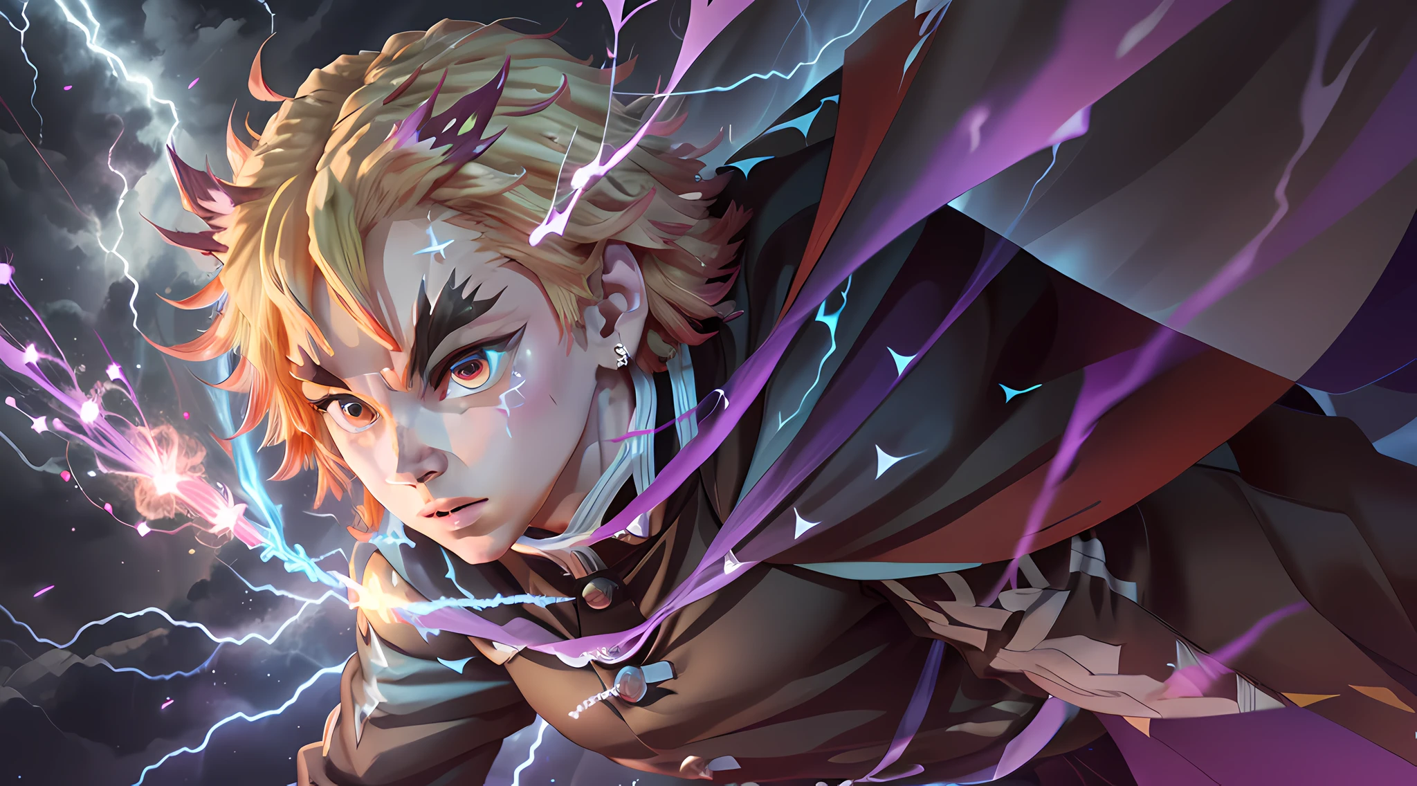 a close-up of a person with a purple and blue background full of lightning, glowing black aura, evil aura, 8k anime, an epic anime of a being with lightning powers, epic anime style, menacing aura, aura of darkness, evolving into his final form, glowing power aura, cosmic power glowing and flourishing, many lightning bolts surrounding the character