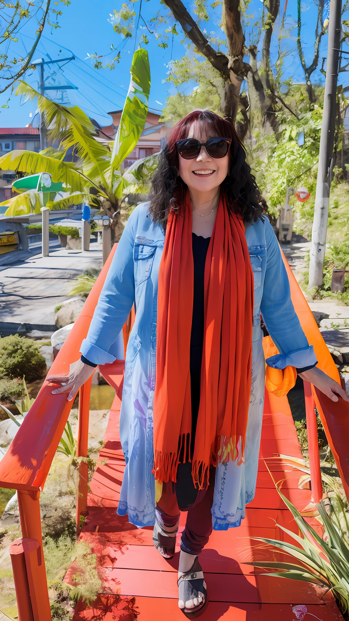woman in sunglasses and scarf standing on a red bridge, on a bright day, bright sunny day, vivid and vibrant, sunglasses and a scarf, inspired by Christo, wearing orange sunglasses, vibrant and vivid, wearing orange sundress, inspired by Torii Kiyomasu, orange robe, inspired by Torii Kiyomasu II, red scarf