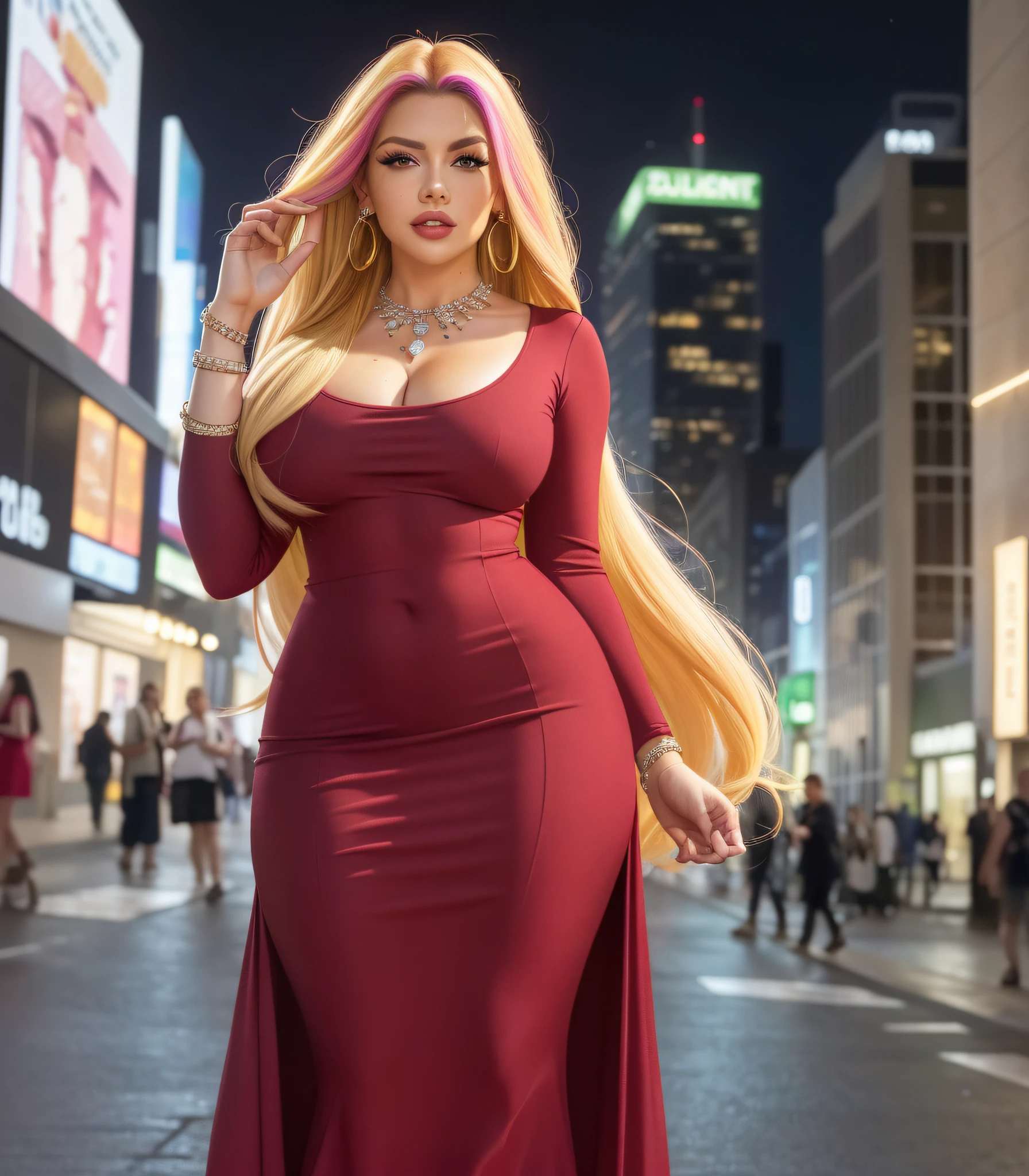 (1girl:1.2),(boltedonbutt,happy,aroused:1.5),narrow_waist,skinny,looking_at_viewer,(clothed,covered,elegant_dress,detailed_dress,long_dress,red_dress:1.4),BREAK,(detailed_pretty_face,pretty_eyes,looking_at_viewer,very_long_Hair,multicoloured_hair,bracelet,necklace,earrings:1.1),big_lips,gigantic_hips,huge_ass,(small_boobs:1.3),(dark_sky,city,street,wall,neon,blurry_bakground:1.1),