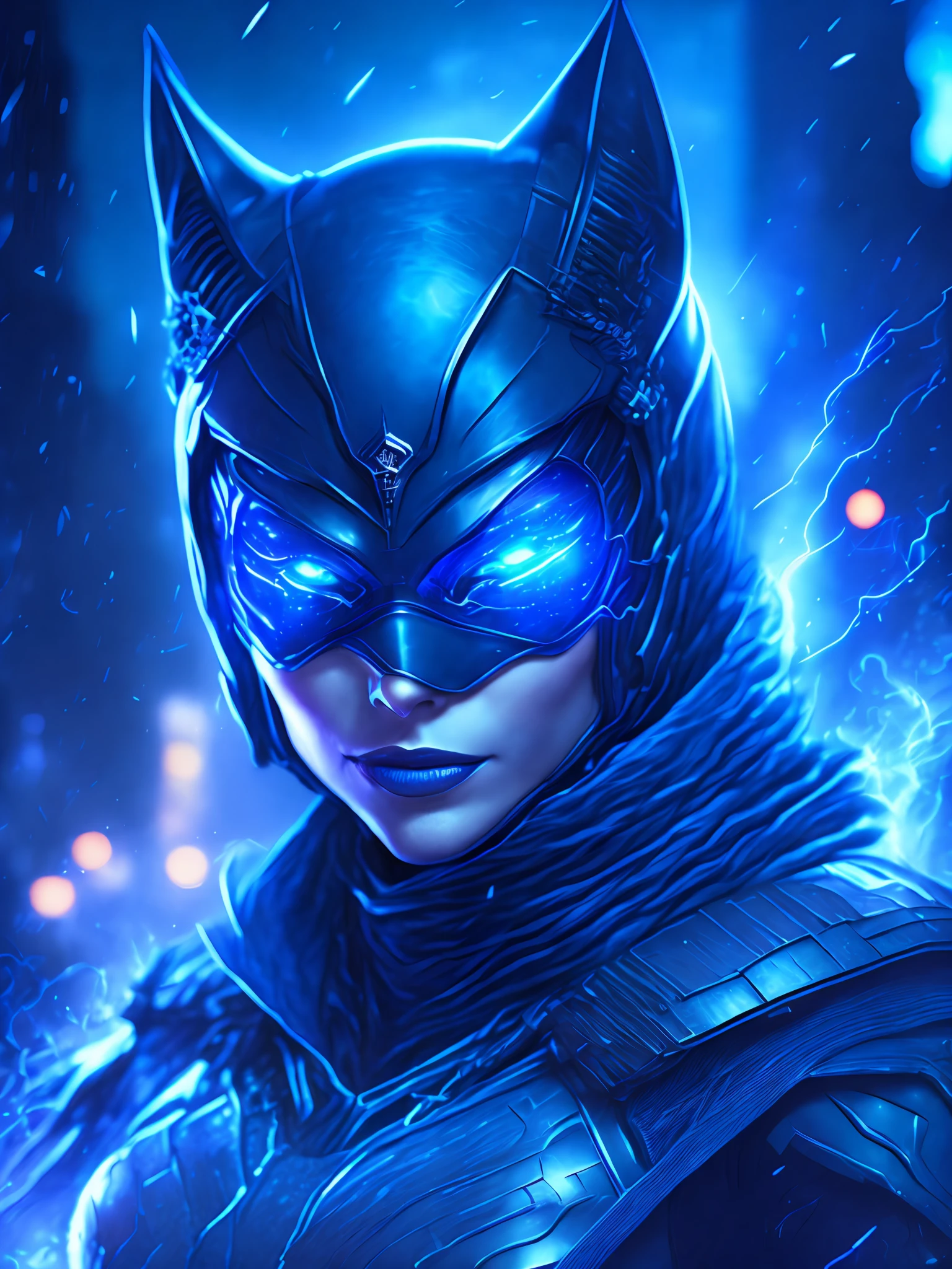 gloomy portrait of Catwoman Blue Lantern from DC, extremely detailed, futuristic cityscape, nighttime, glowing neon lights, smoke, sparks, metal shavings, flying debris, blue energy effects, volumetric light