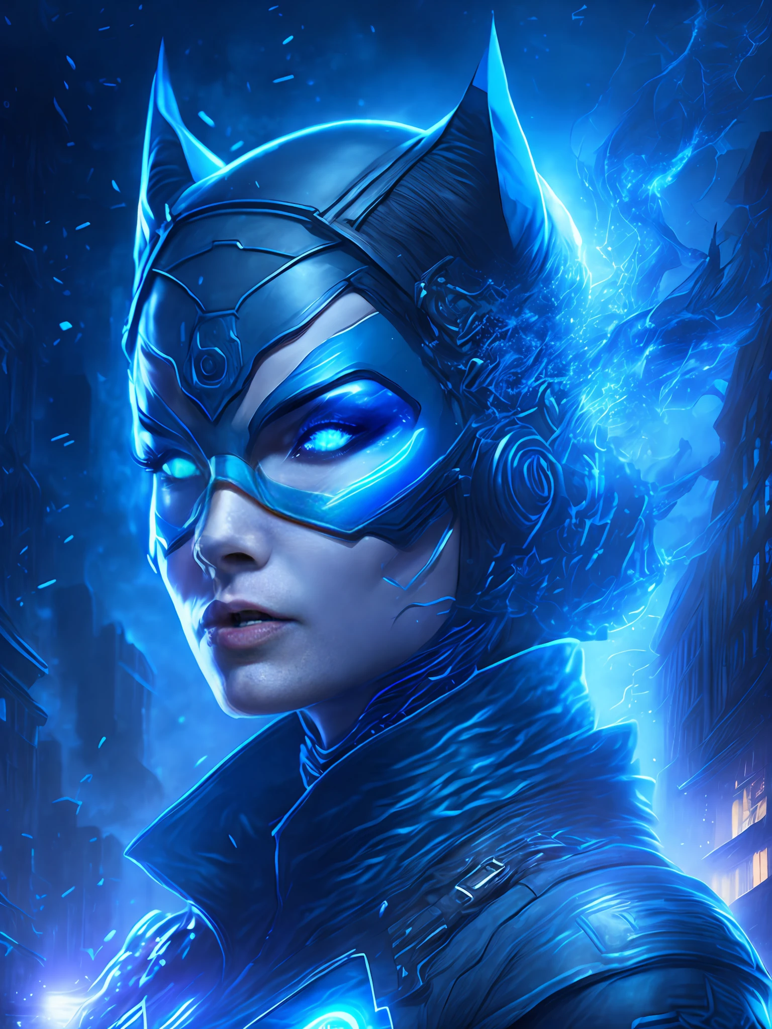 gloomy portrait of Catwoman Blue Lantern from DC, extremely detailed, futuristic cityscape, nighttime, glowing neon lights, smoke, sparks, metal shavings, flying debris, blue energy effects, volumetric light