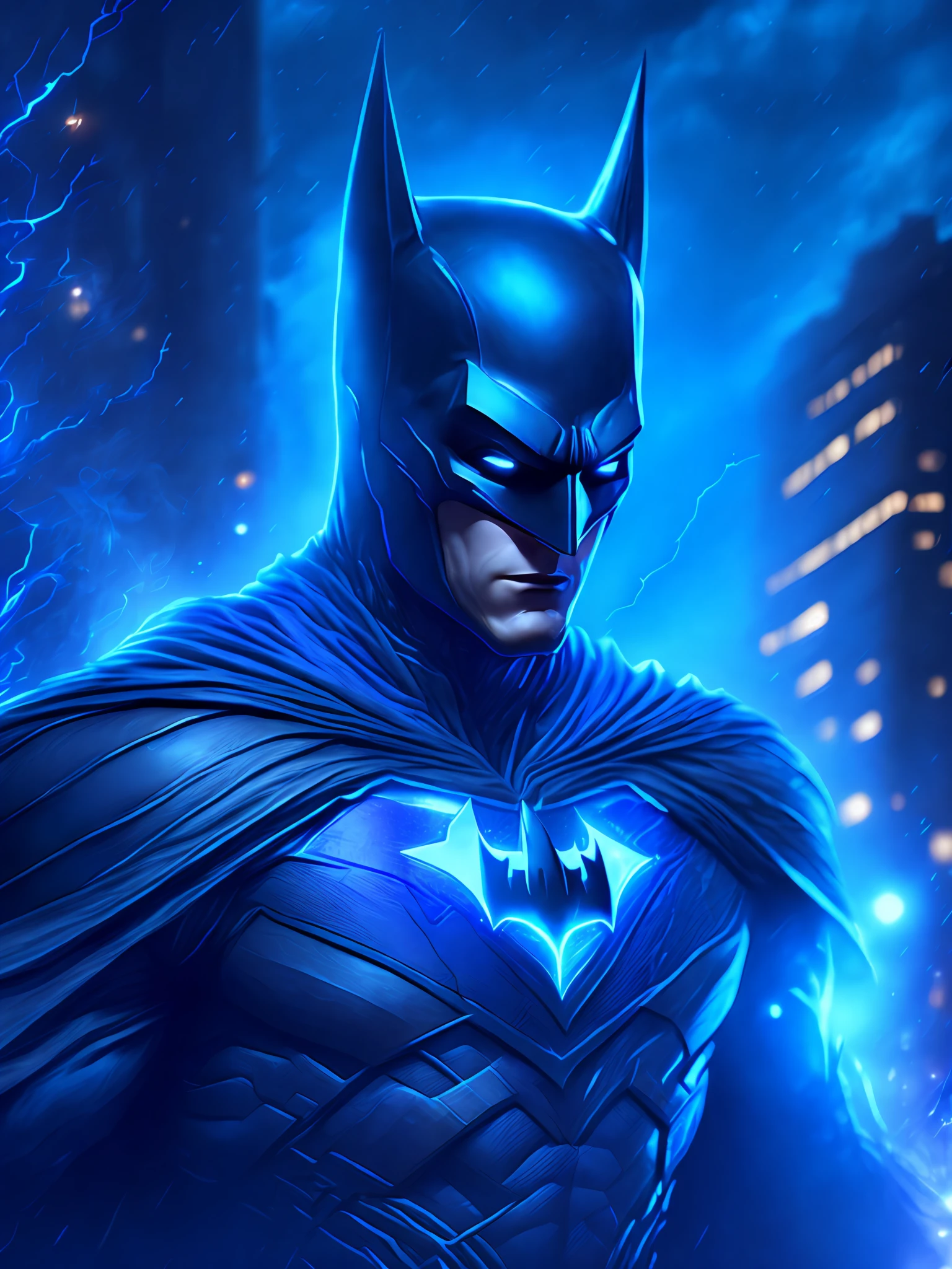 gloomy portrait of Batman Beyond Blue Lantern from DC, extremely detailed, futuristic cityscape, nighttime, glowing neon lights, smoke, sparks, metal shavings, flying debris, blue energy effects, volumetric light