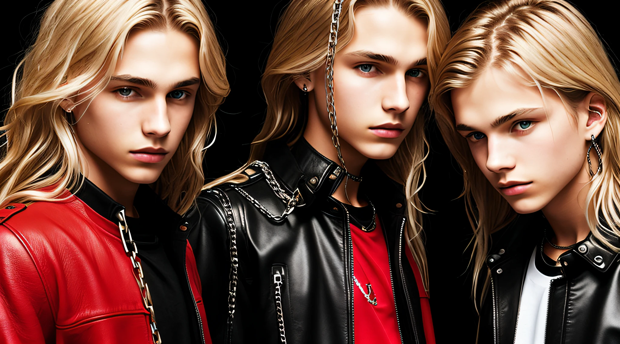 BOYS, CLOSE UP, WITH LONG BLONDE HAIR, WITH LEATHER JACKETS AND BLACK CLOTHING, ON A RED BACKGROUND WITH MANY CHAINS, FLOOR WITH CHAINS, CEILING WITH CHAINS.
